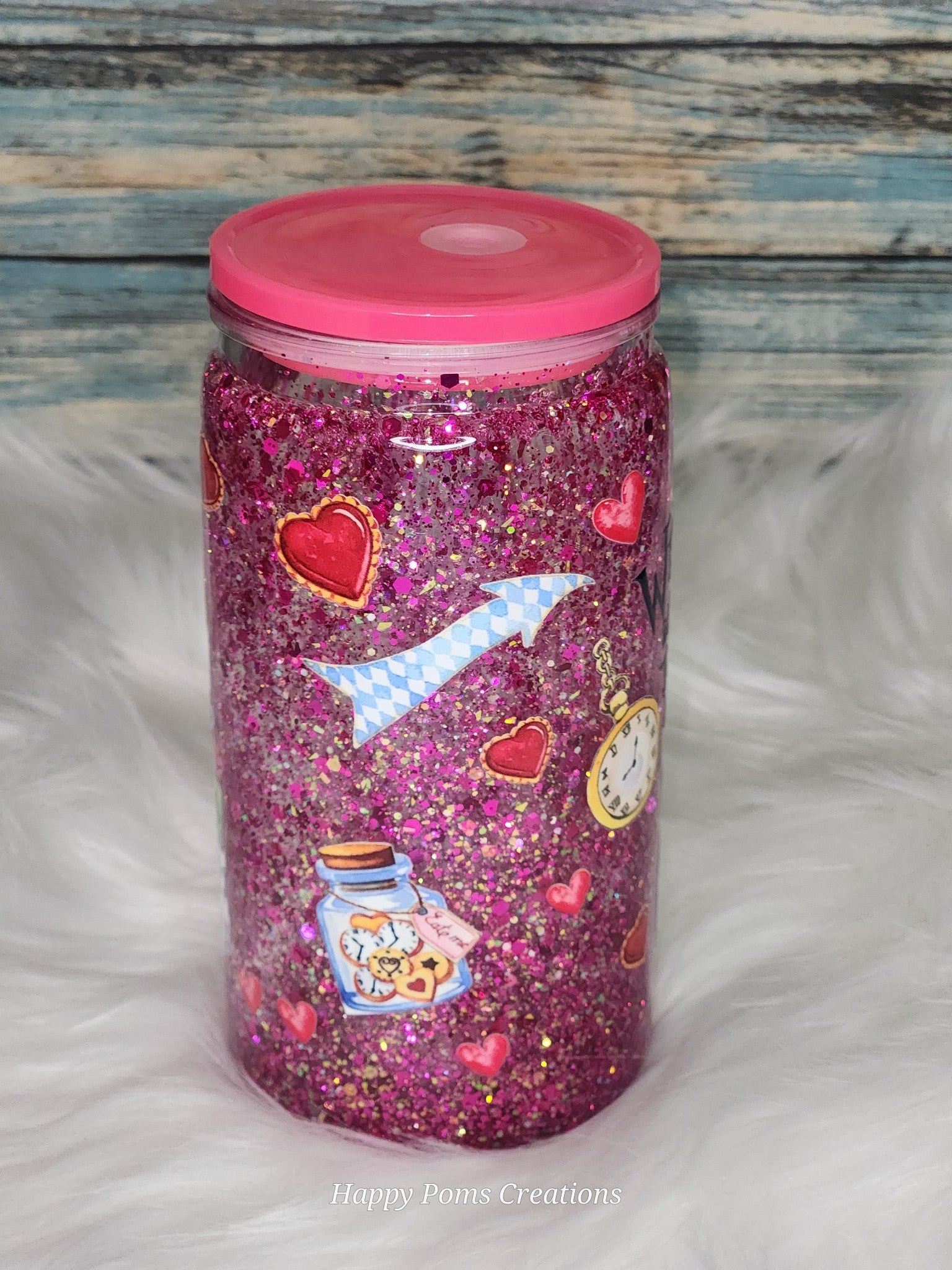 Pink Cheshire Cat Snow Globe Tumbler with Dark Pink Glitter