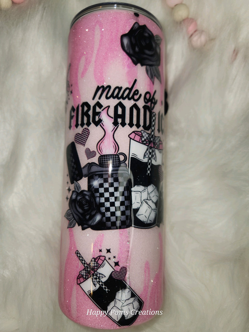 Unique 24 oz Glittery Pink Stainless Steel Tumbler - Fire Design