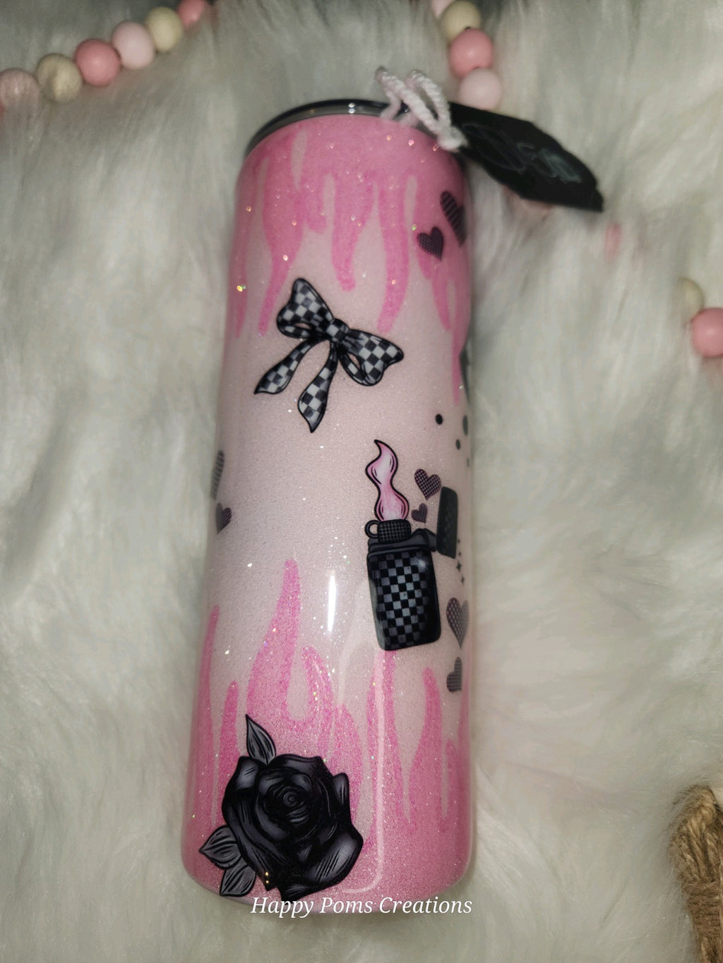 Unique 24 oz Glittery Pink Stainless Steel Tumbler - Fire Design