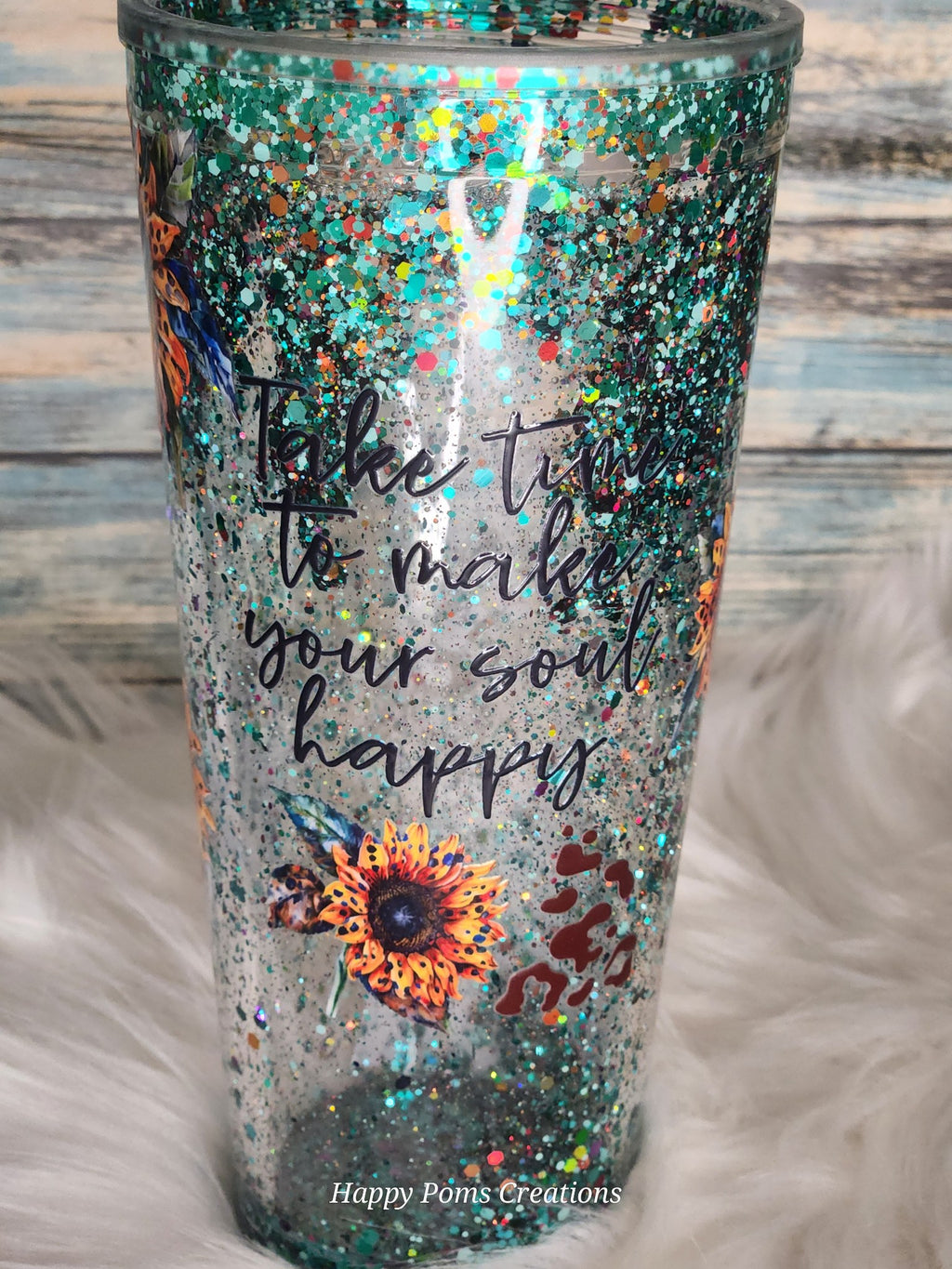 Acrylic Snow-Globe Tumbler - 22 oz, Teal sunflower, Blinged Dome, Comes with Straw.