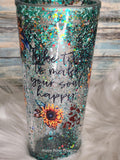 Acrylic Snow-Globe Tumbler - 22 oz, Teal sunflower, Blinged Dome, Comes with Straw.