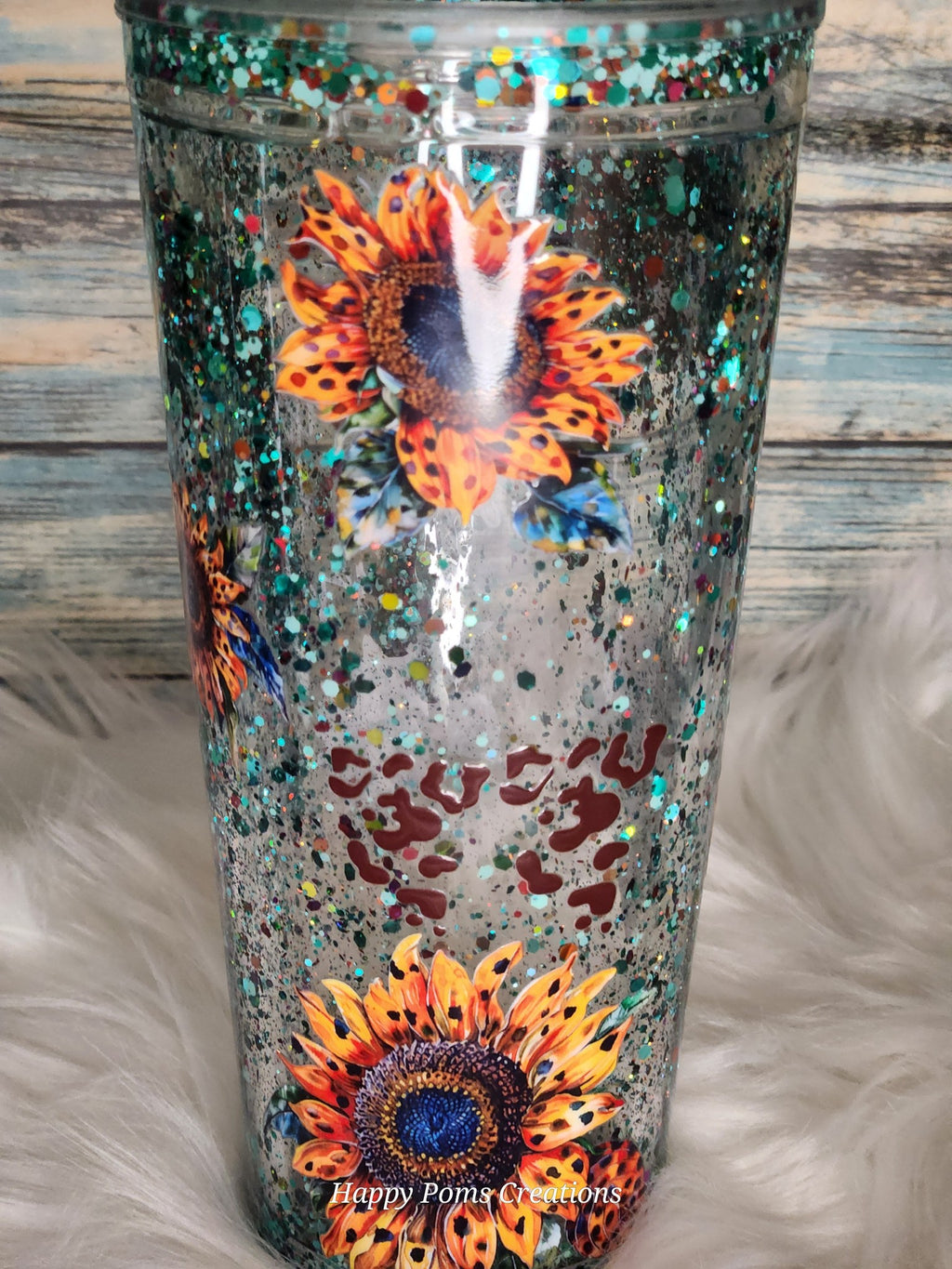 Acrylic Snow-Globe Tumbler - 22 oz, Teal sunflower, Blinged Dome, Comes with Straw.