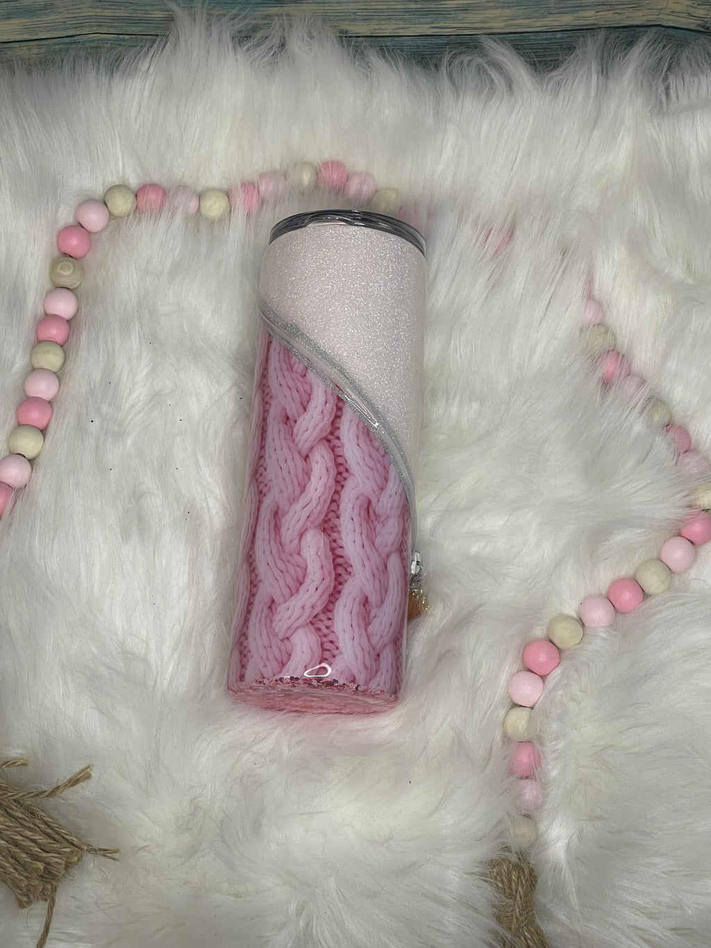 Pink Sweater Tumbler: 20 oz Stainless Steel with Jeweled Heart Charm
