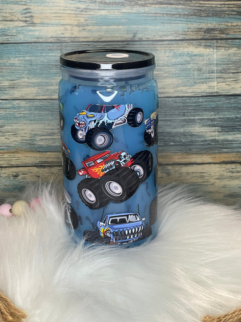 Acrylic Cup - 16 oz, Snow-Globe, Monster Trucks Blue Drip w/Straw