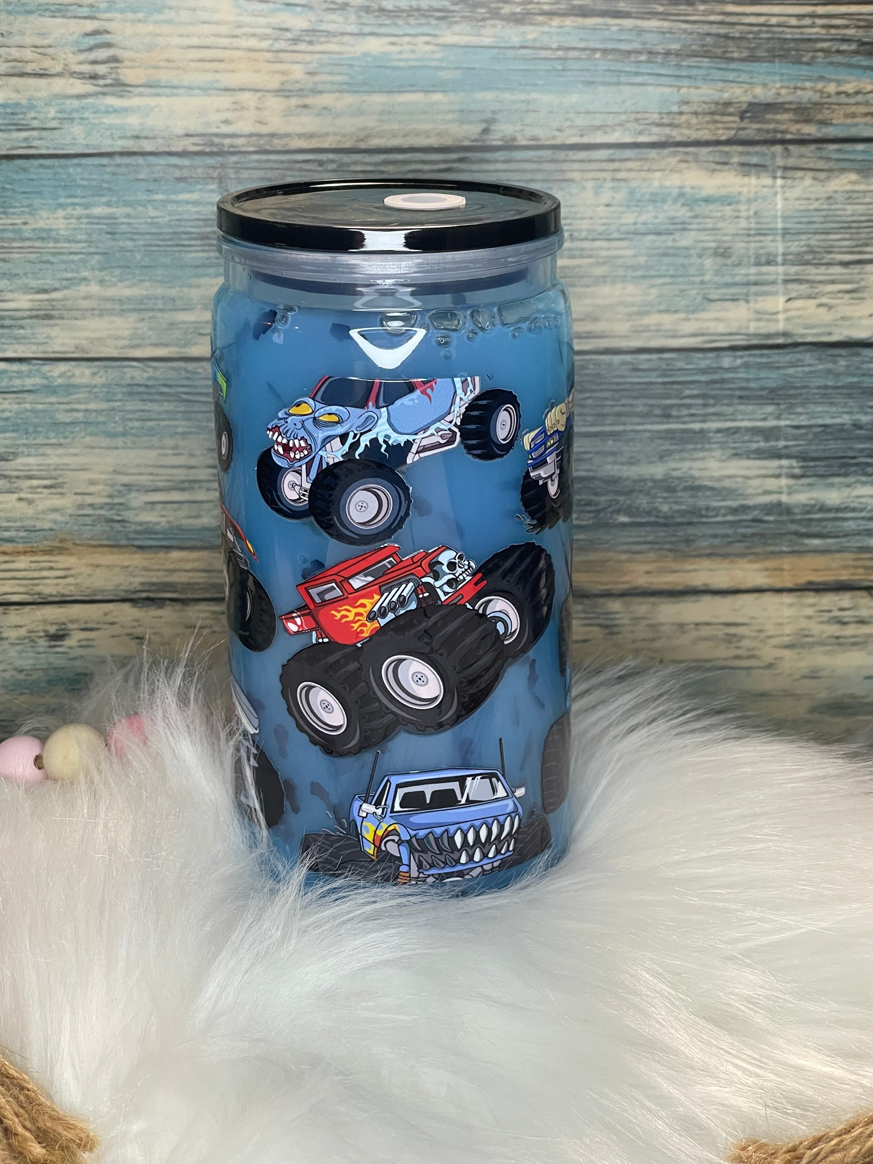 Acrylic Cup - 16 oz, Snow-Globe, Monster Trucks Blue Drip w/Straw