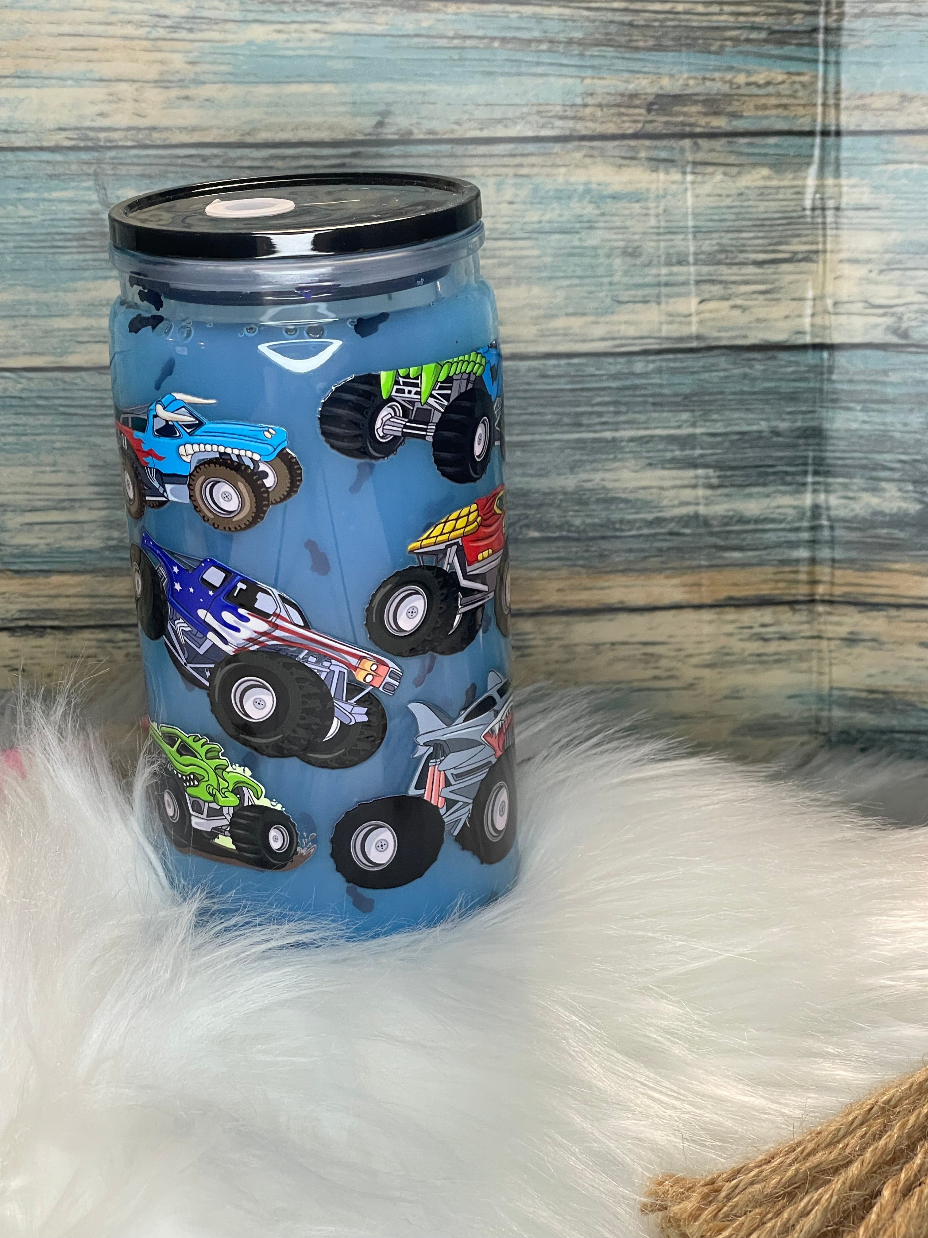 Acrylic Cup - 16 oz, Snow-Globe, Monster Trucks Blue Drip w/Straw