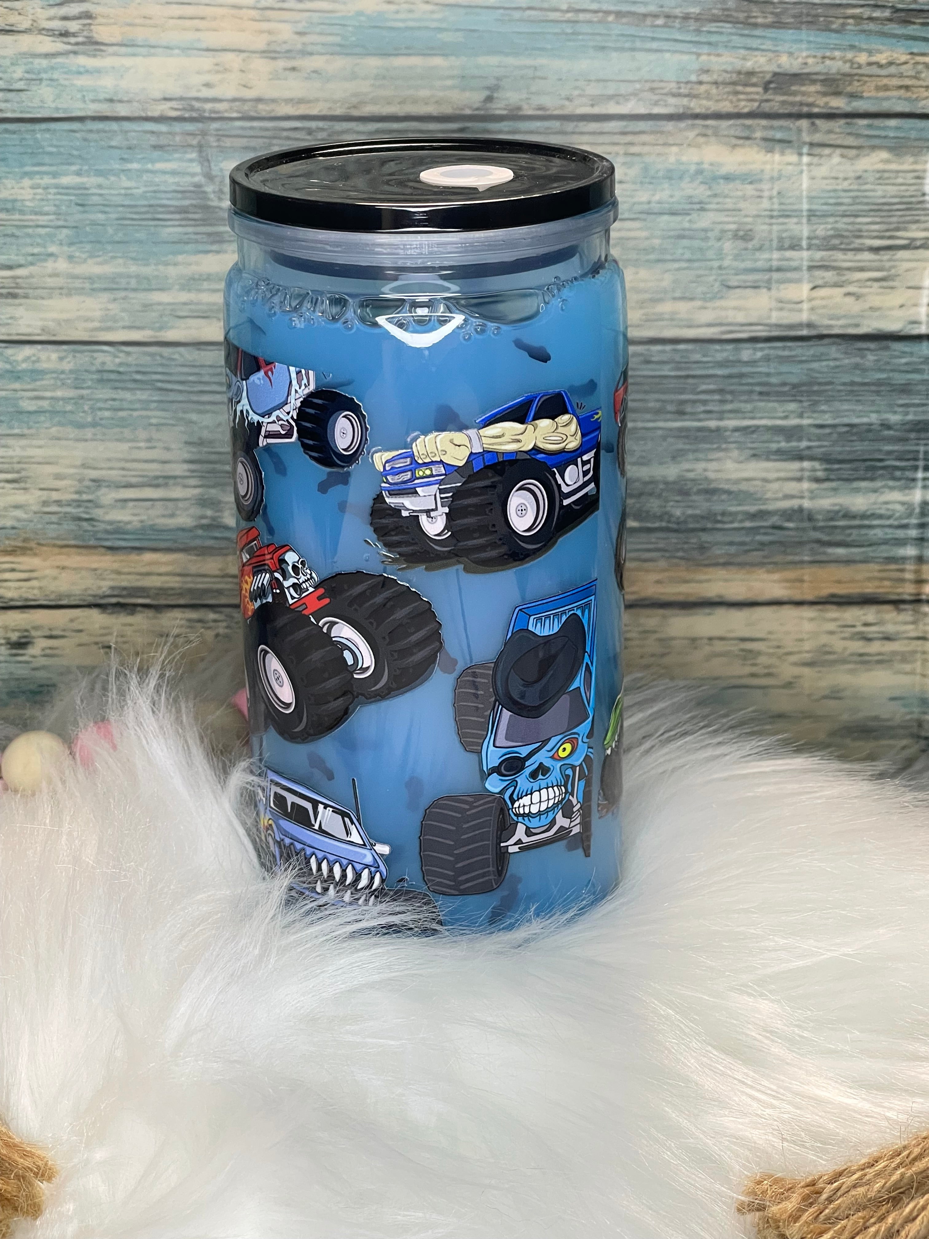 Acrylic Cup - 16 oz, Snow-Globe, Monster Trucks Blue Drip w/Straw