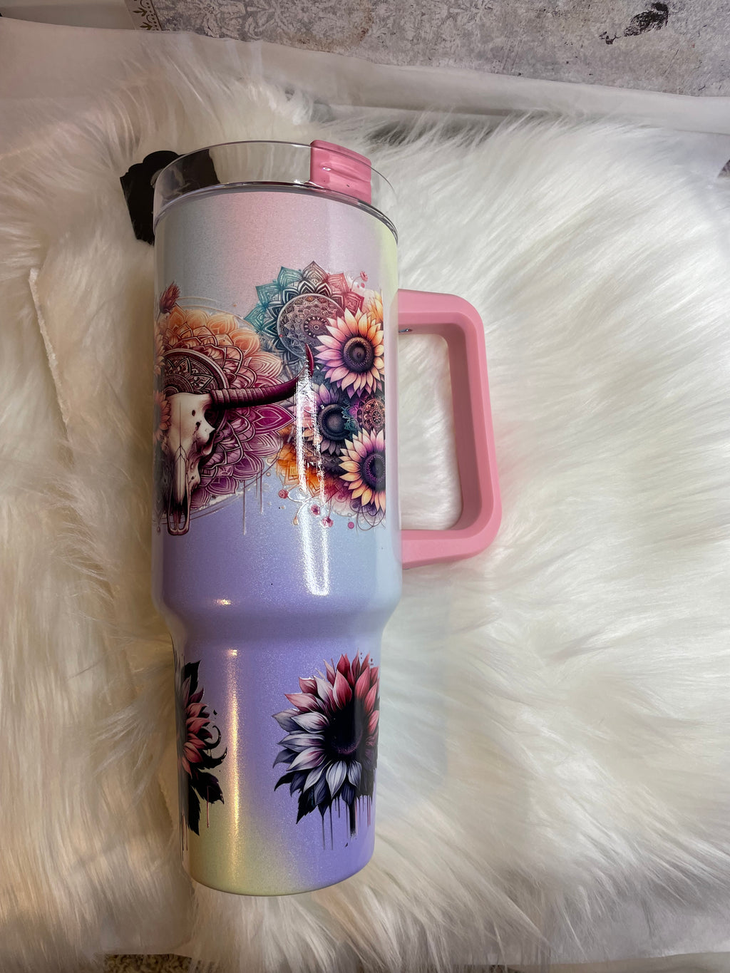 Stanley Dupe - 40 oz, Colorful Flowers with Steer Skull, w/Straw Ombre color