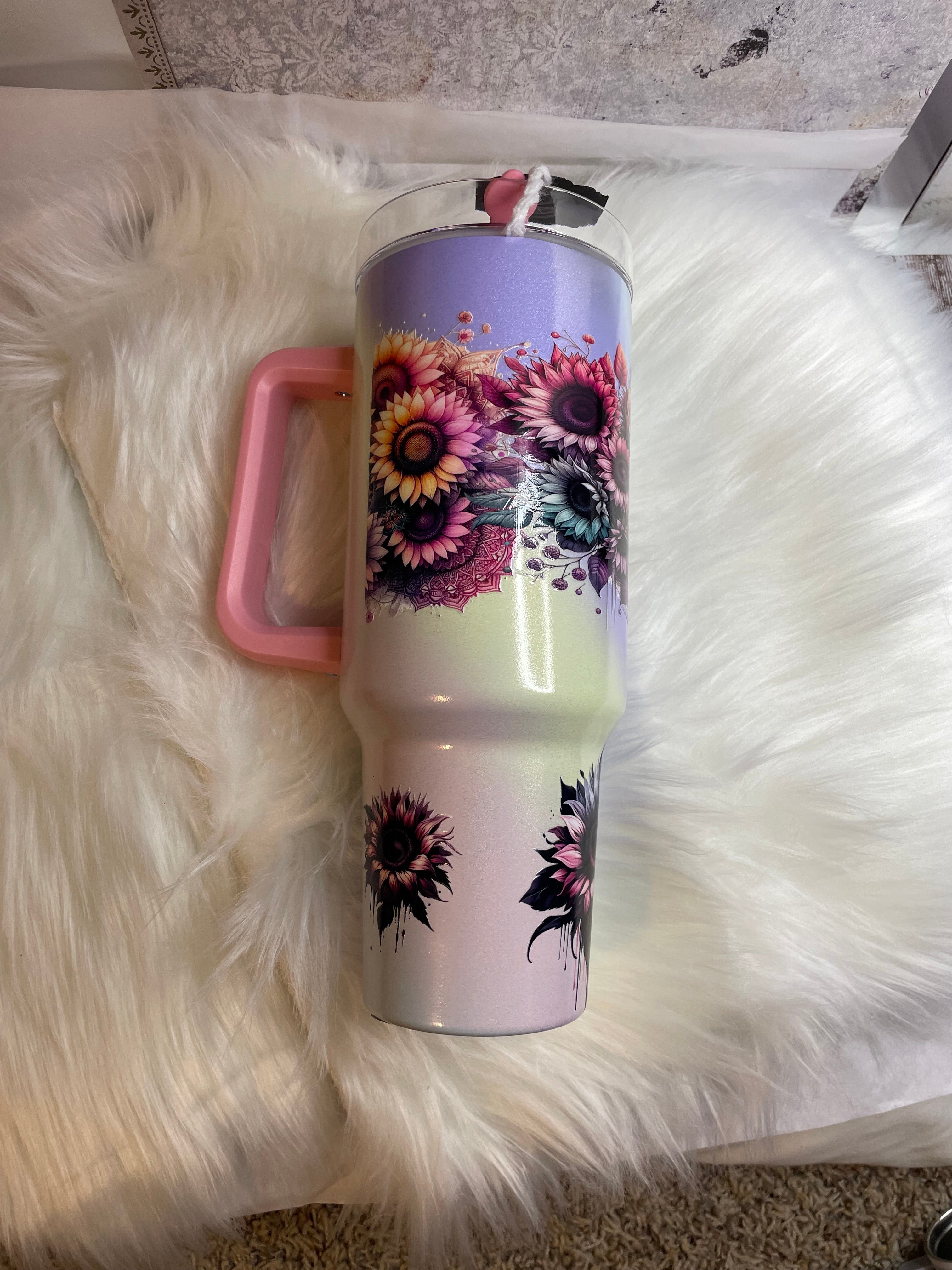 Stanley Dupe - 40 oz, Colorful Flowers with Steer Skull, w/Straw Ombre color