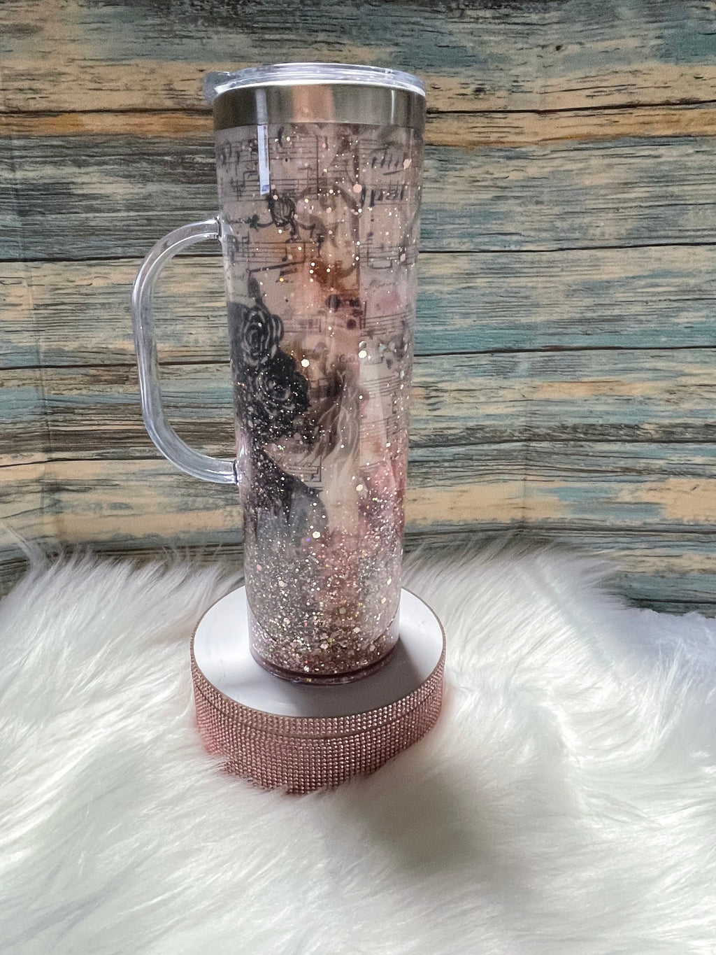 Stainless Steel/Acrylic handled Tumbler - 20 oz, Snow-Globe, Musical w/Straw