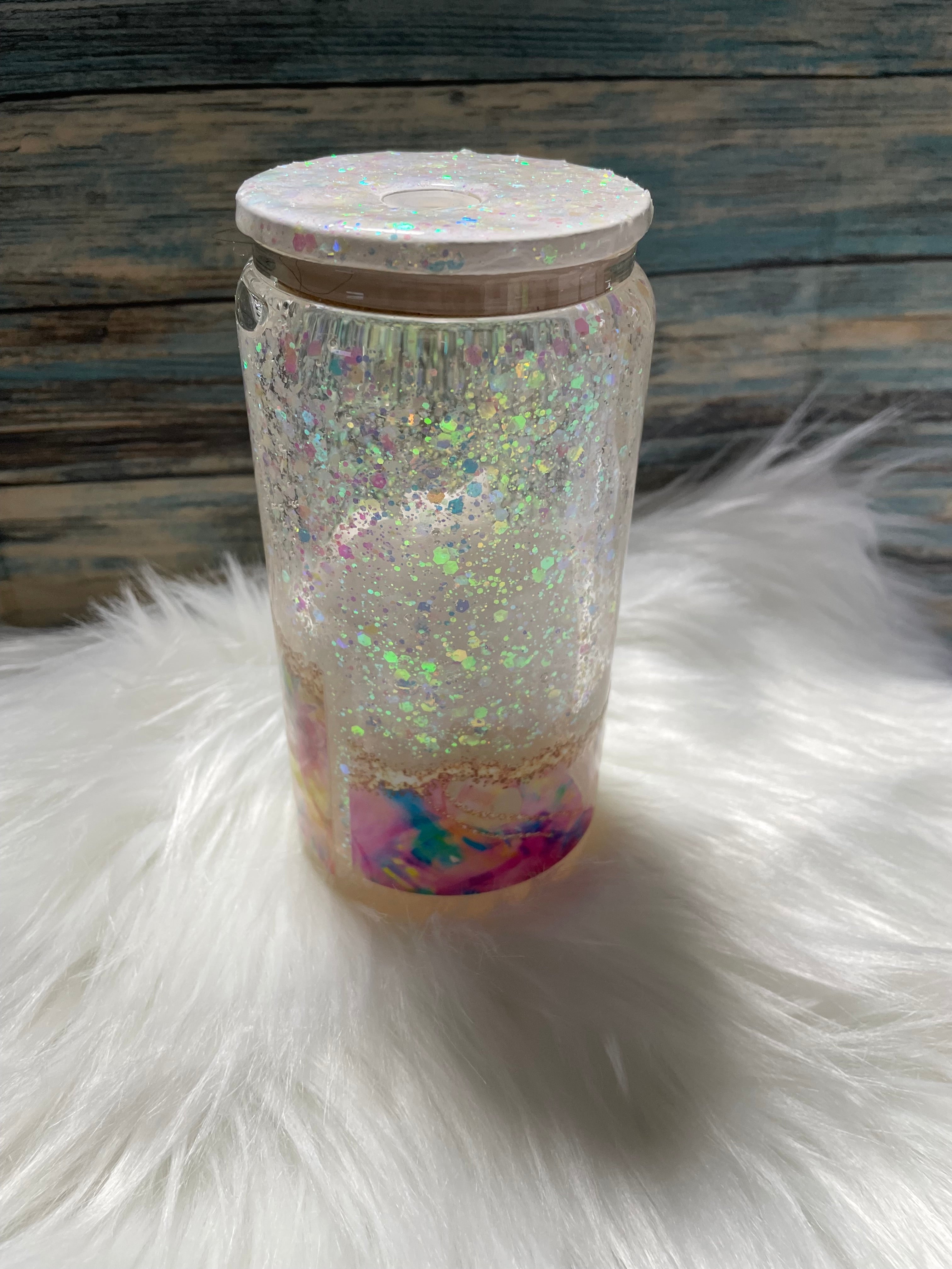 Glass Cup - 16 oz, Snow-Globe Geode Glow w/straw