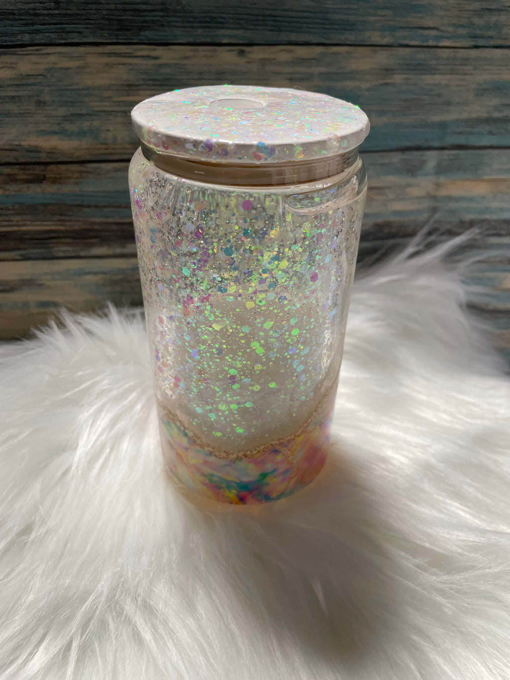 Glass Cup - 16 oz, Snow-Globe Geode Glow w/straw