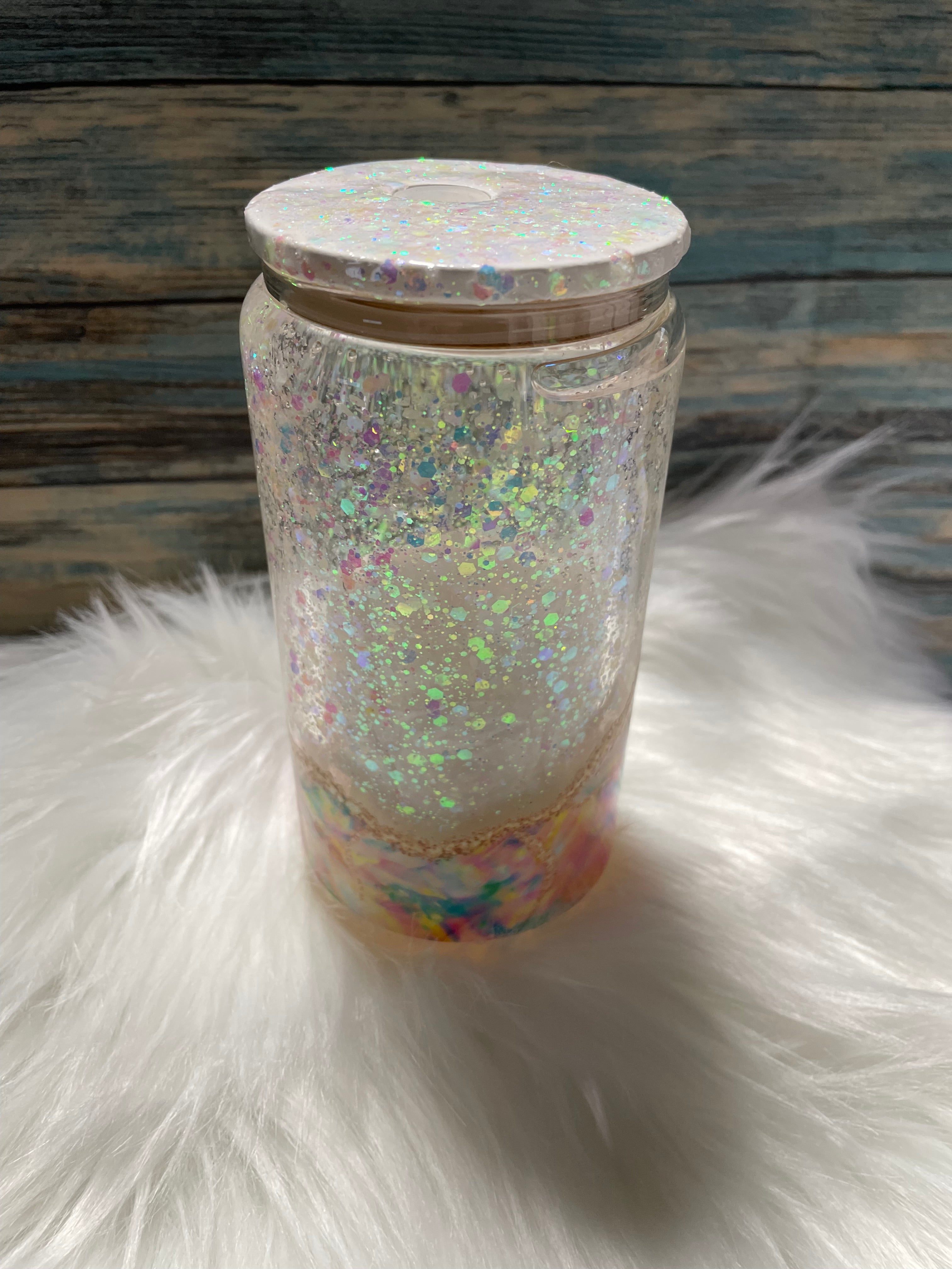 Glass Cup - 16 oz, Snow-Globe Geode Glow w/straw