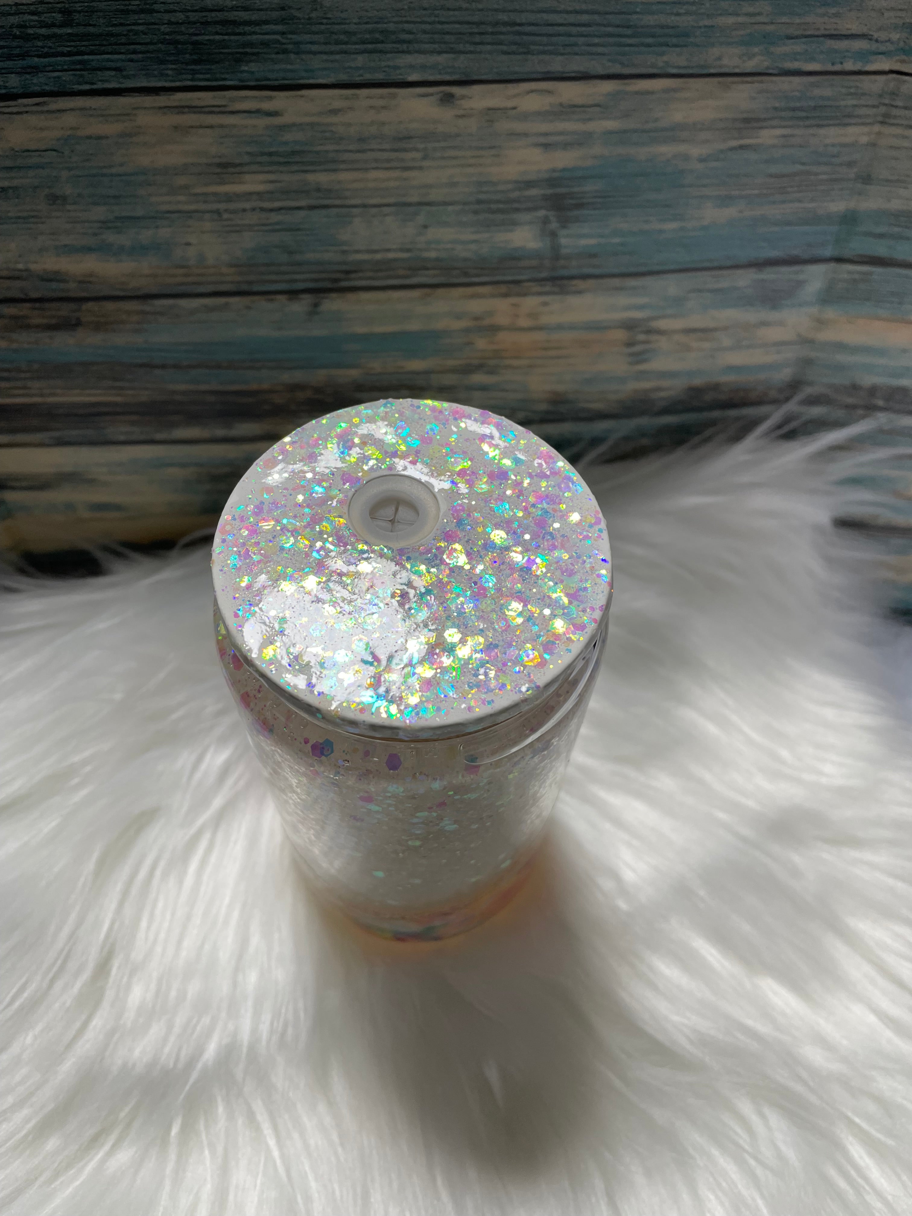 Glass Cup - 16 oz, Snow-Globe Geode Glow w/straw