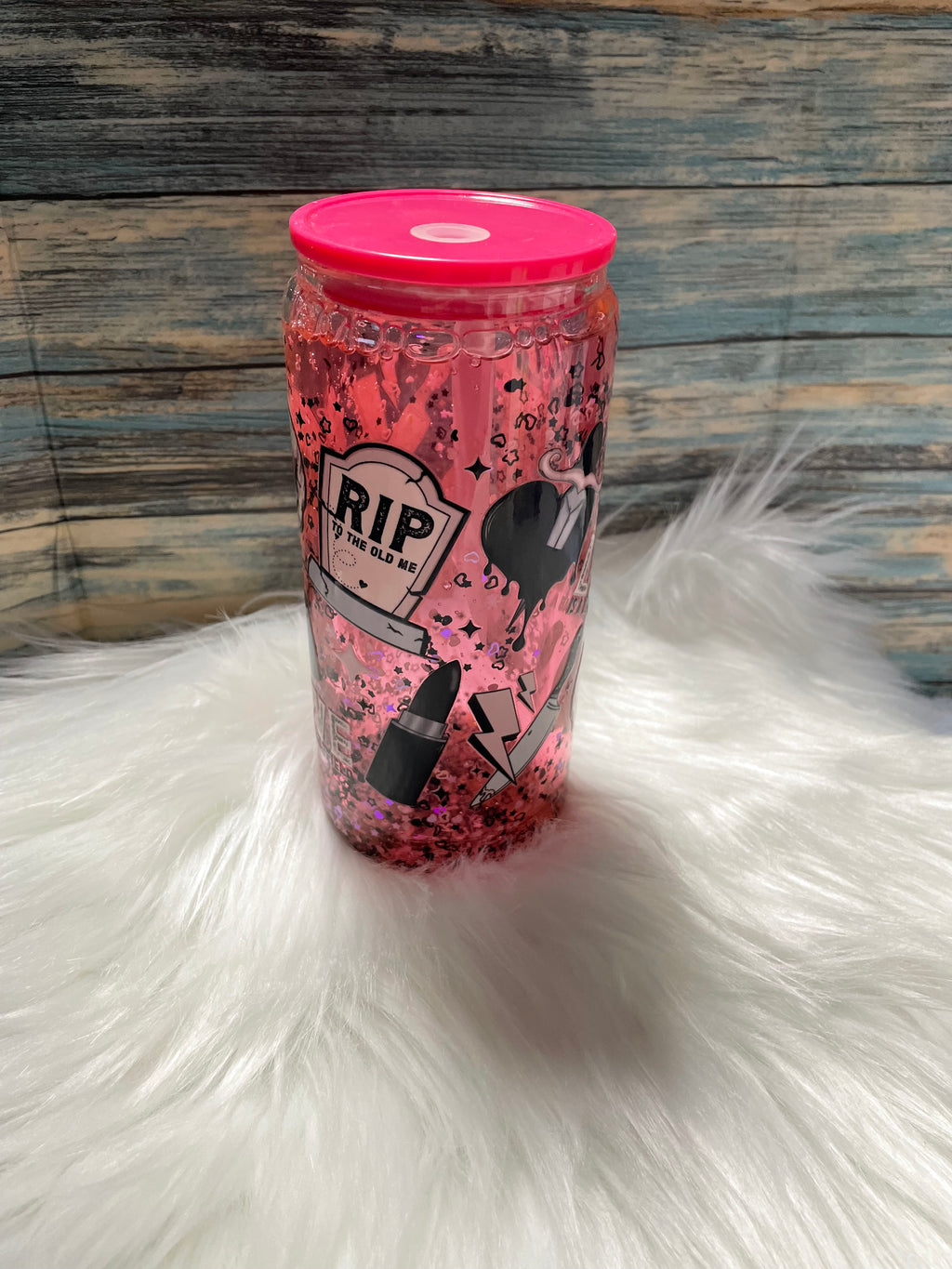 Glass Cup - 16 oz, Snow-Globe, RIP to the old me LOVE is a Battlefield