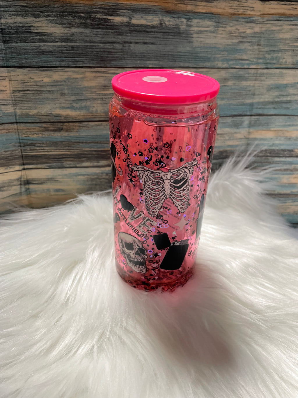 Glass Cup - 16 oz, Snow-Globe, RIP to the old me LOVE is a Battlefield