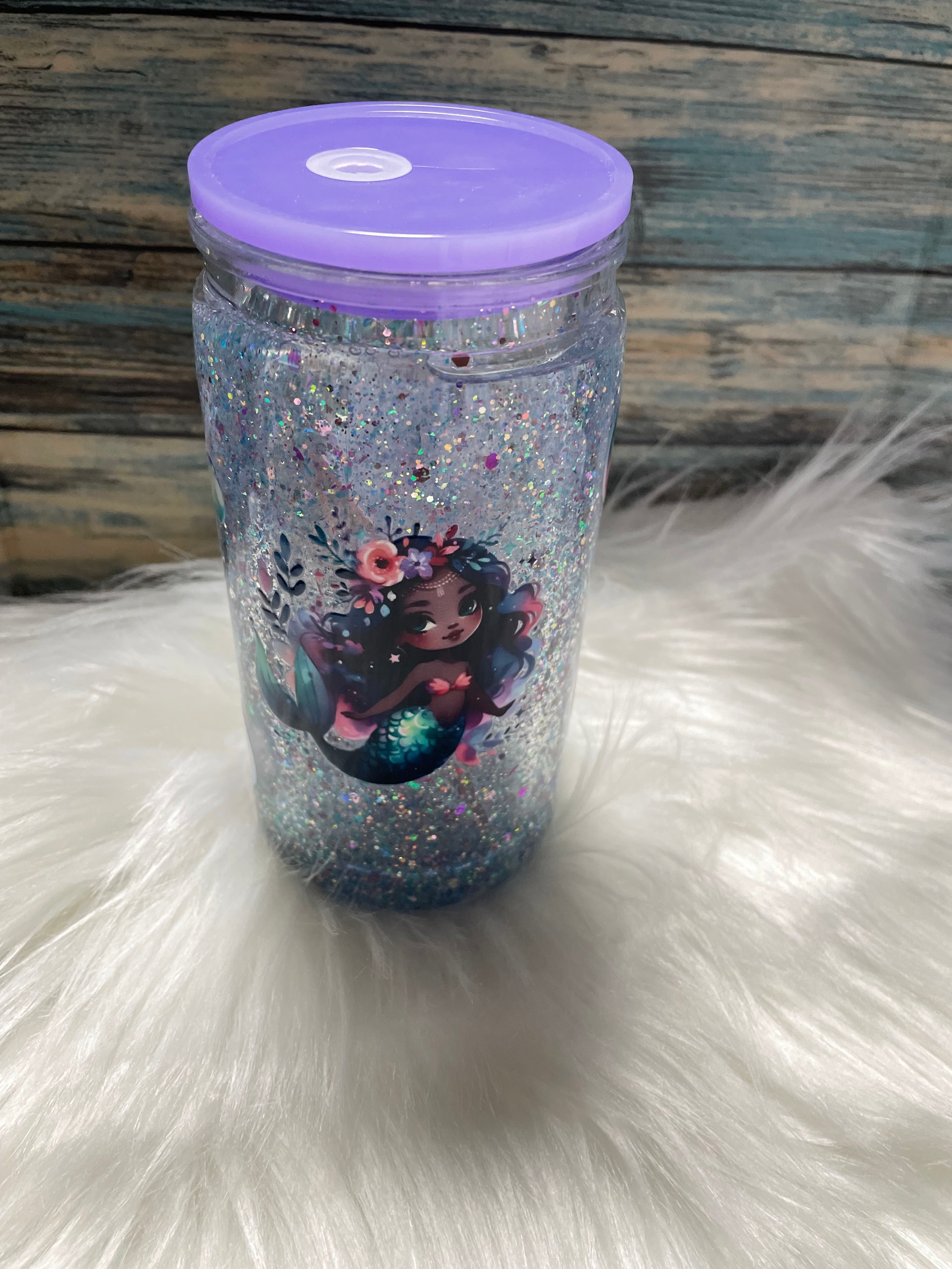 Acrylic Cup - 16 oz, Snow-Globe, Mermaid Dark Skinned Black hair w/Straw