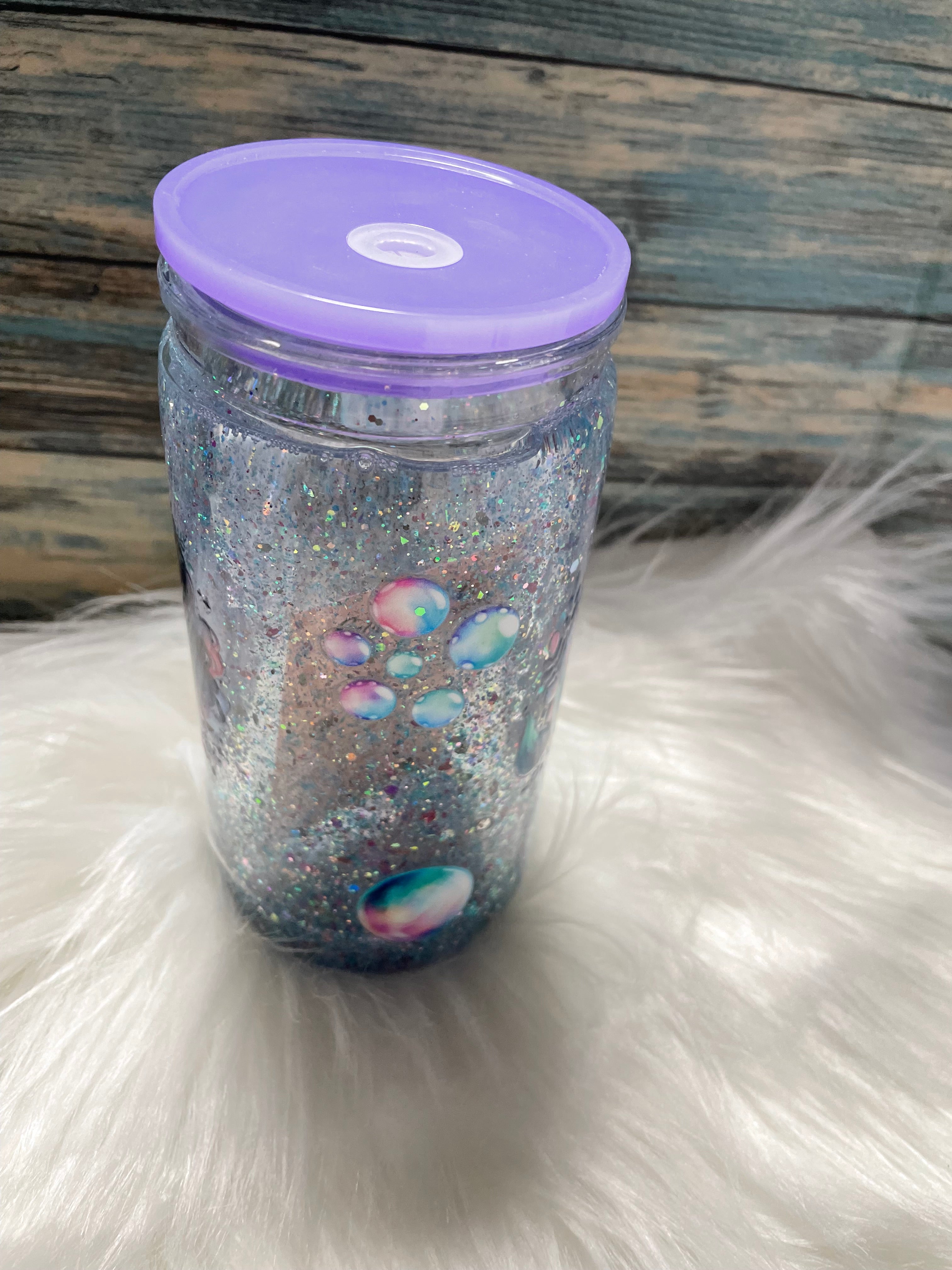 Acrylic Cup - 16 oz, Snow-Globe, Mermaid Dark Skinned Black hair w/Straw