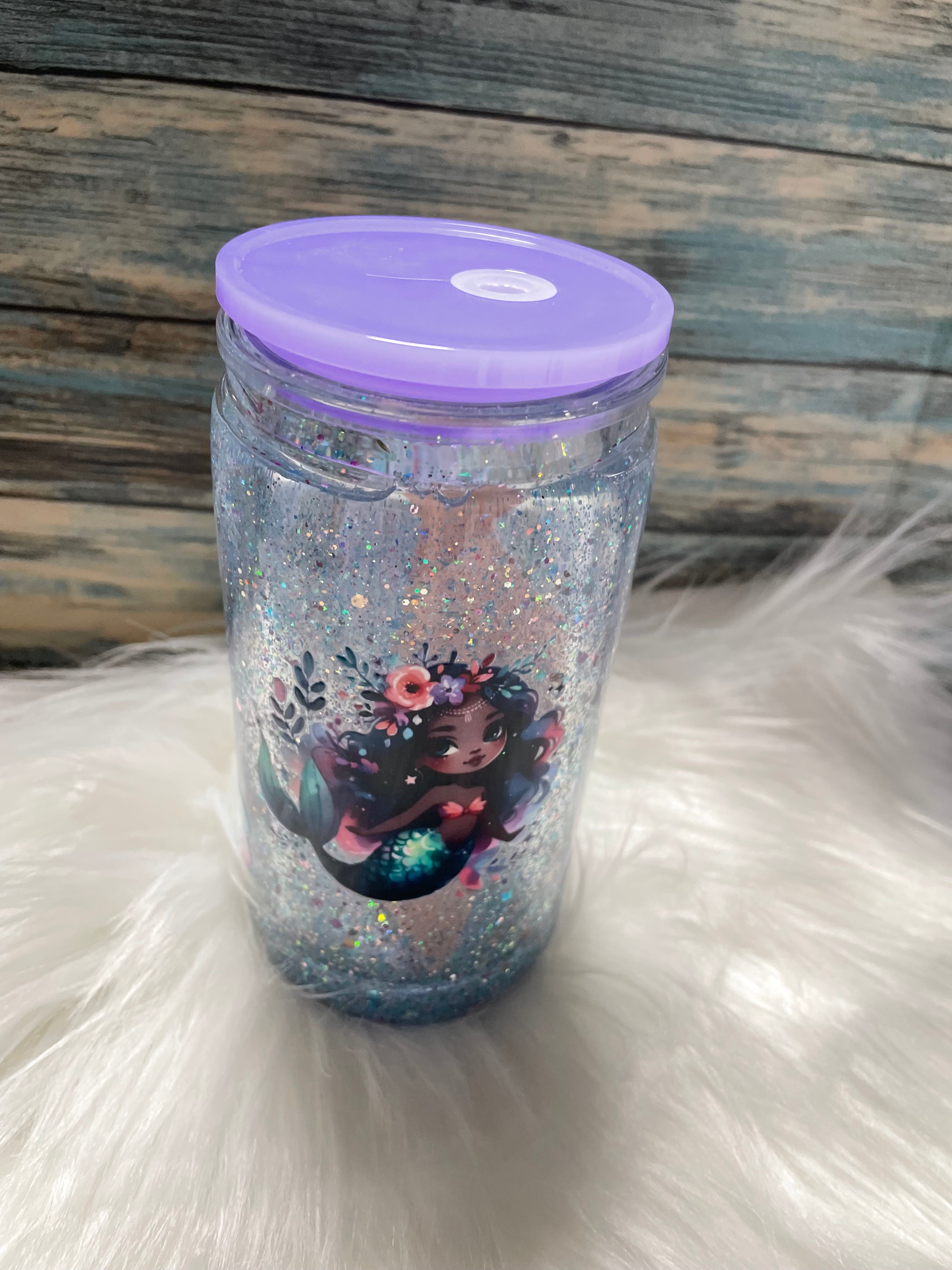 Acrylic Cup - 16 oz, Snow-Globe, Mermaid Dark Skinned Black hair w/Straw