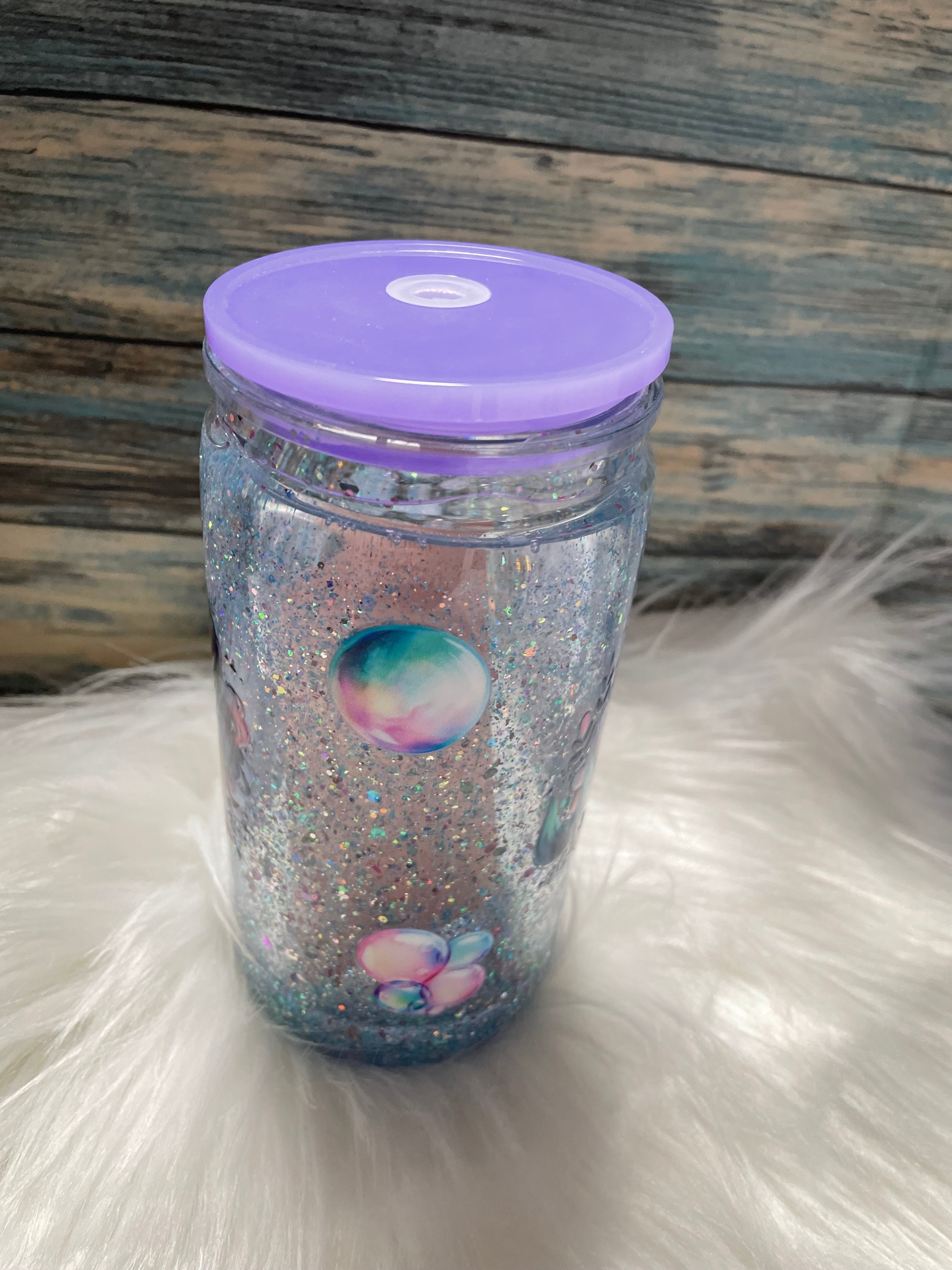 Acrylic Cup - 16 oz, Snow-Globe, Mermaid Dark Skinned Black hair w/Straw