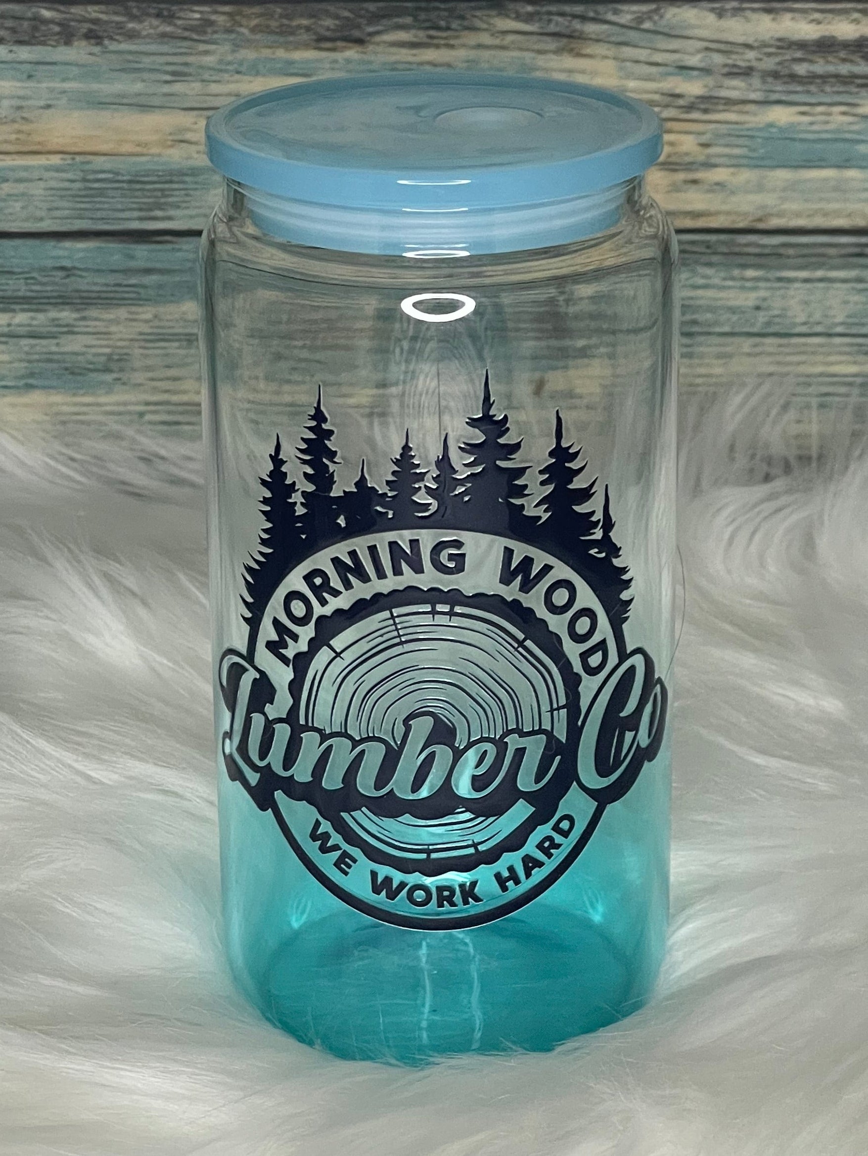 Glass Tumbler - 16 oz, Blue, Morning Wood, Comes with Straw.