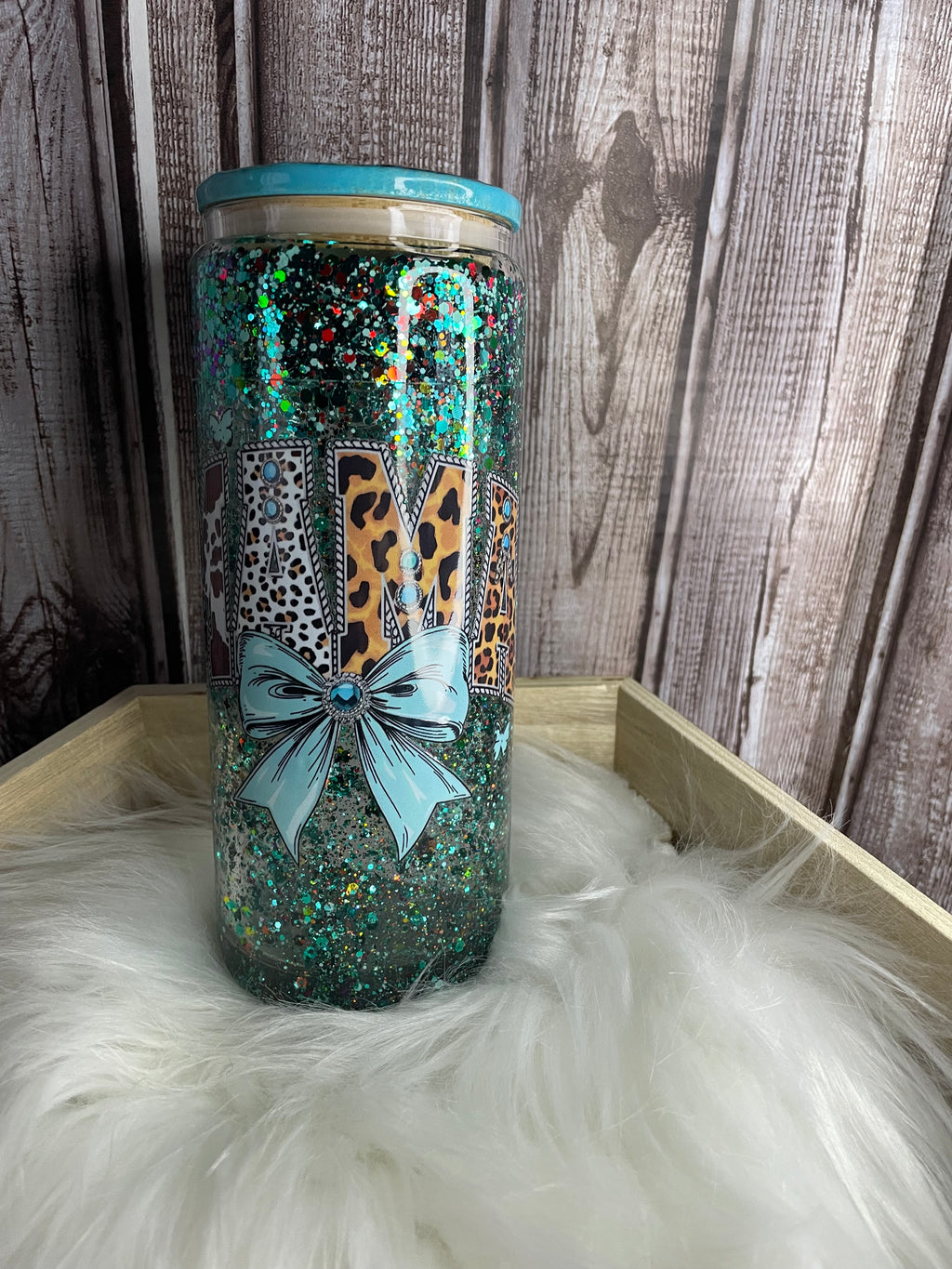 Glass Snow Globe Tumbler - 16 oz, Teal Sparkly Glitter, Mama Western