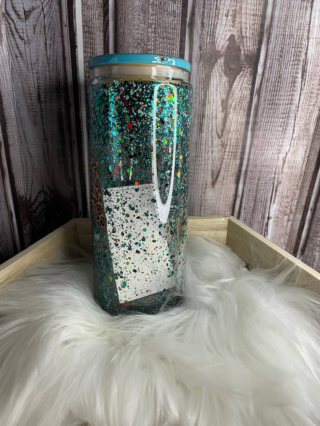 Glass Snow Globe Tumbler - 16 oz, Teal Sparkly Glitter, Mama Western