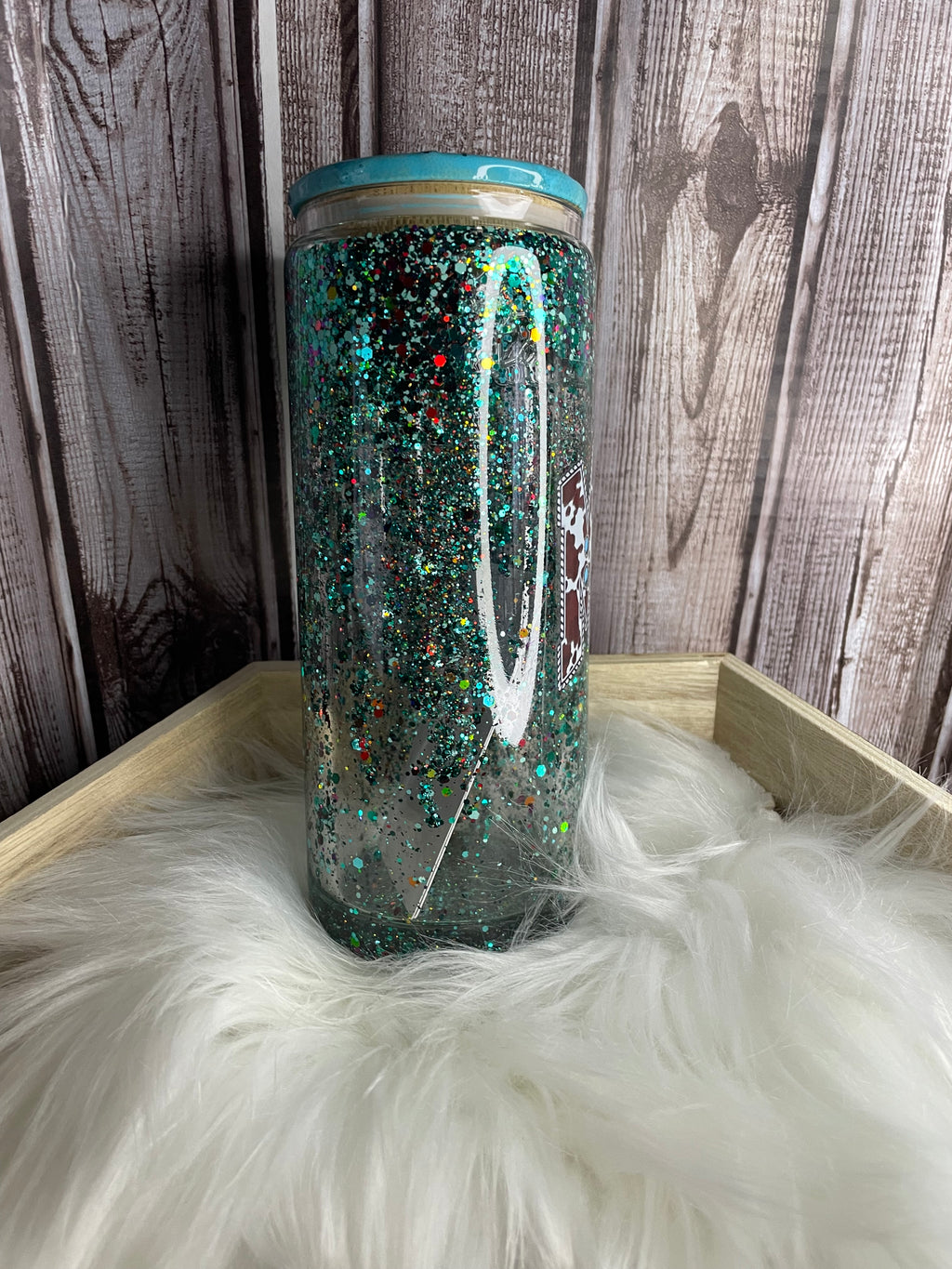 Glass Snow Globe Tumbler - 16 oz, Teal Sparkly Glitter, Mama Western