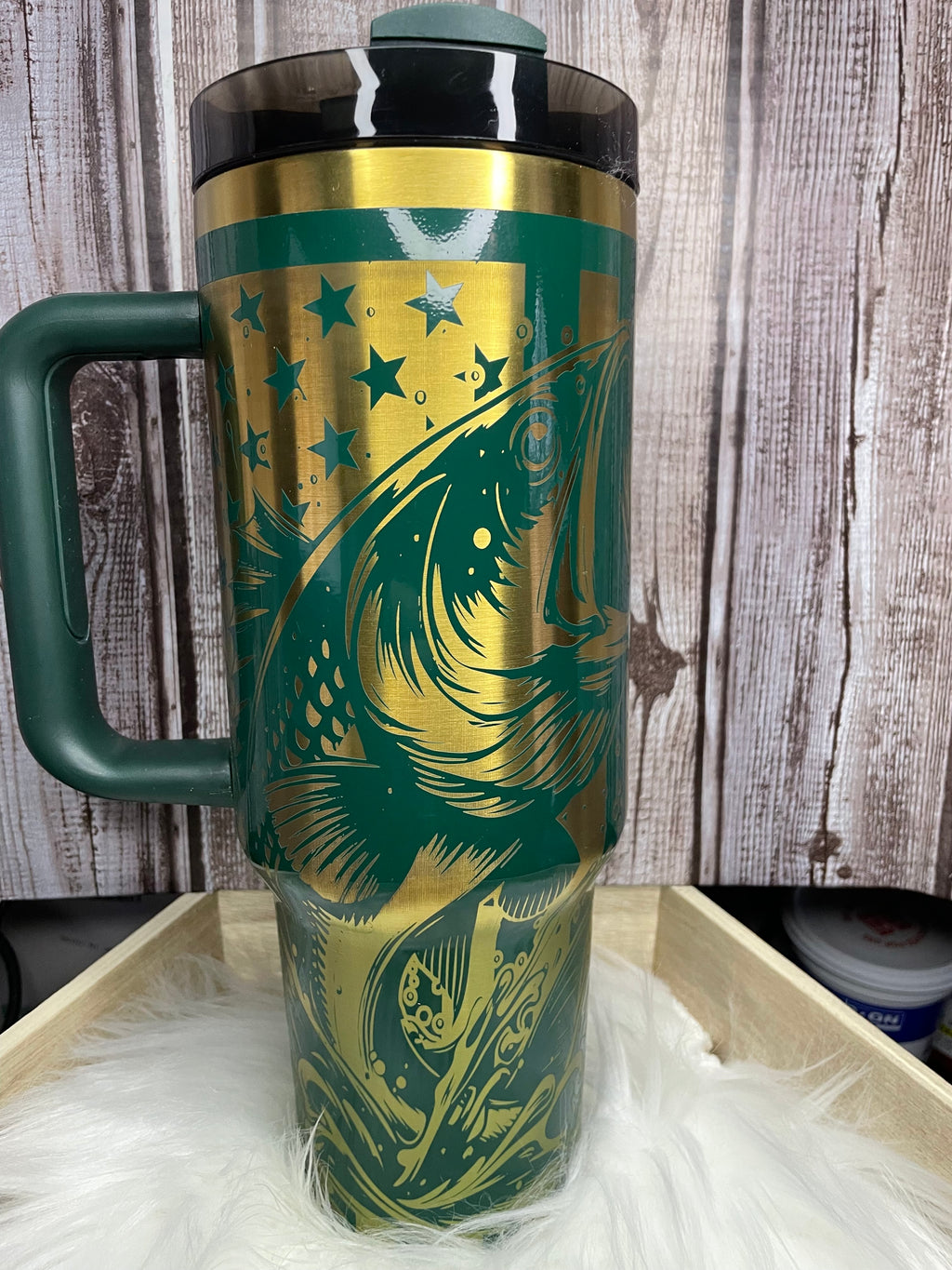 Handmade Bass Fishing Tumbler, Metallic Gold Fish Design, Forest Green Travel Mug