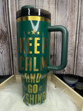 Handmade Bass Fishing Tumbler, Metallic Gold Fish Design, Forest Green Travel Mug