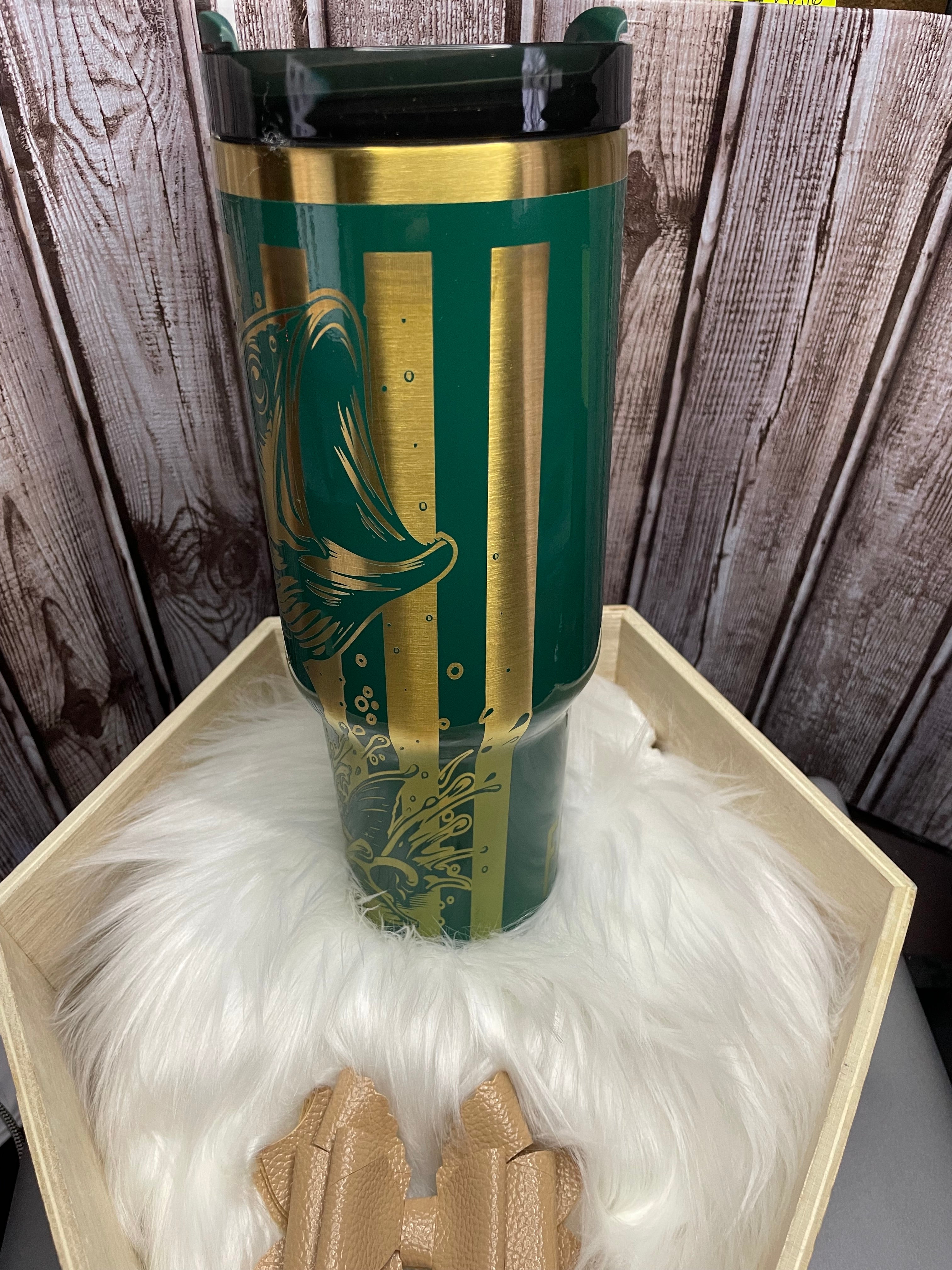 Handmade Bass Fishing Tumbler, Metallic Gold Fish Design, Forest Green Travel Mug