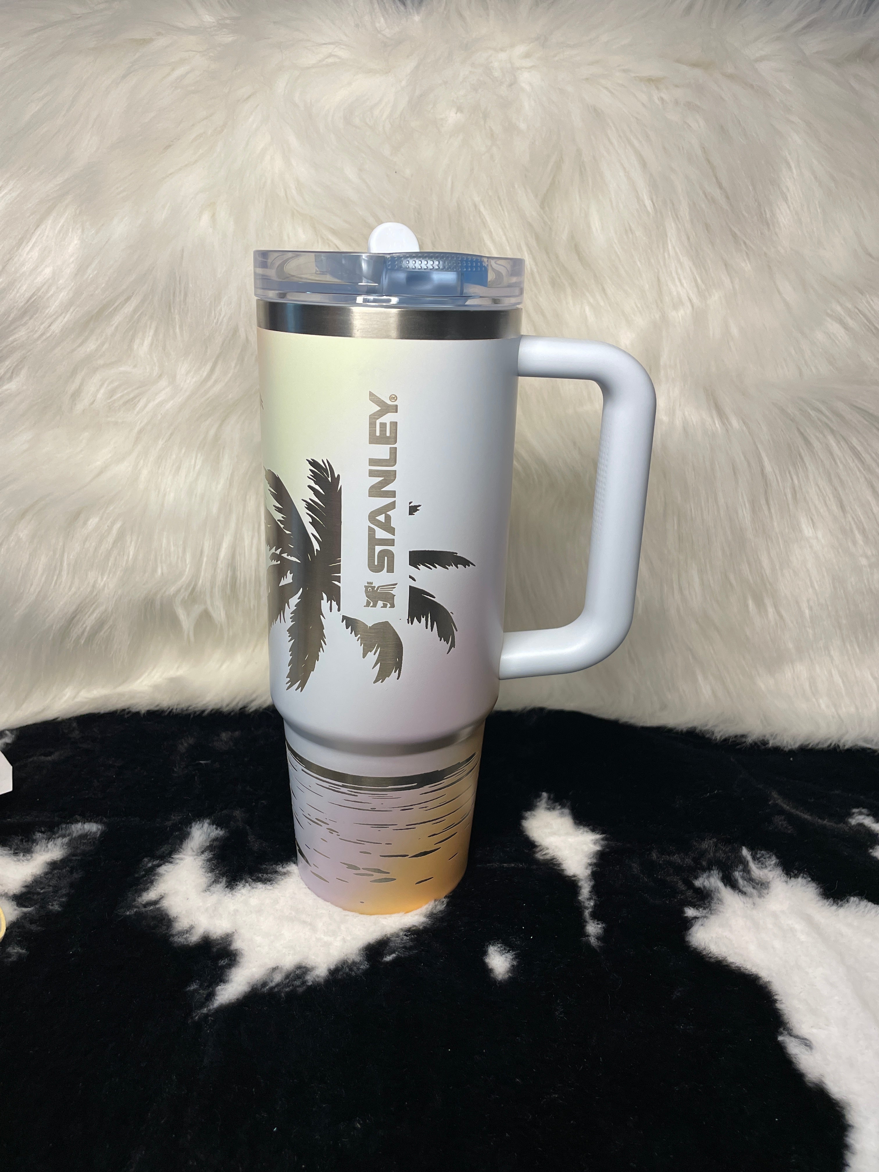 Engraved Tropical Palm Tree Stanley Quencher 30oz | Beach Sunset Tumbler | Custom Laser Engraved Travel Mug | Island Gift