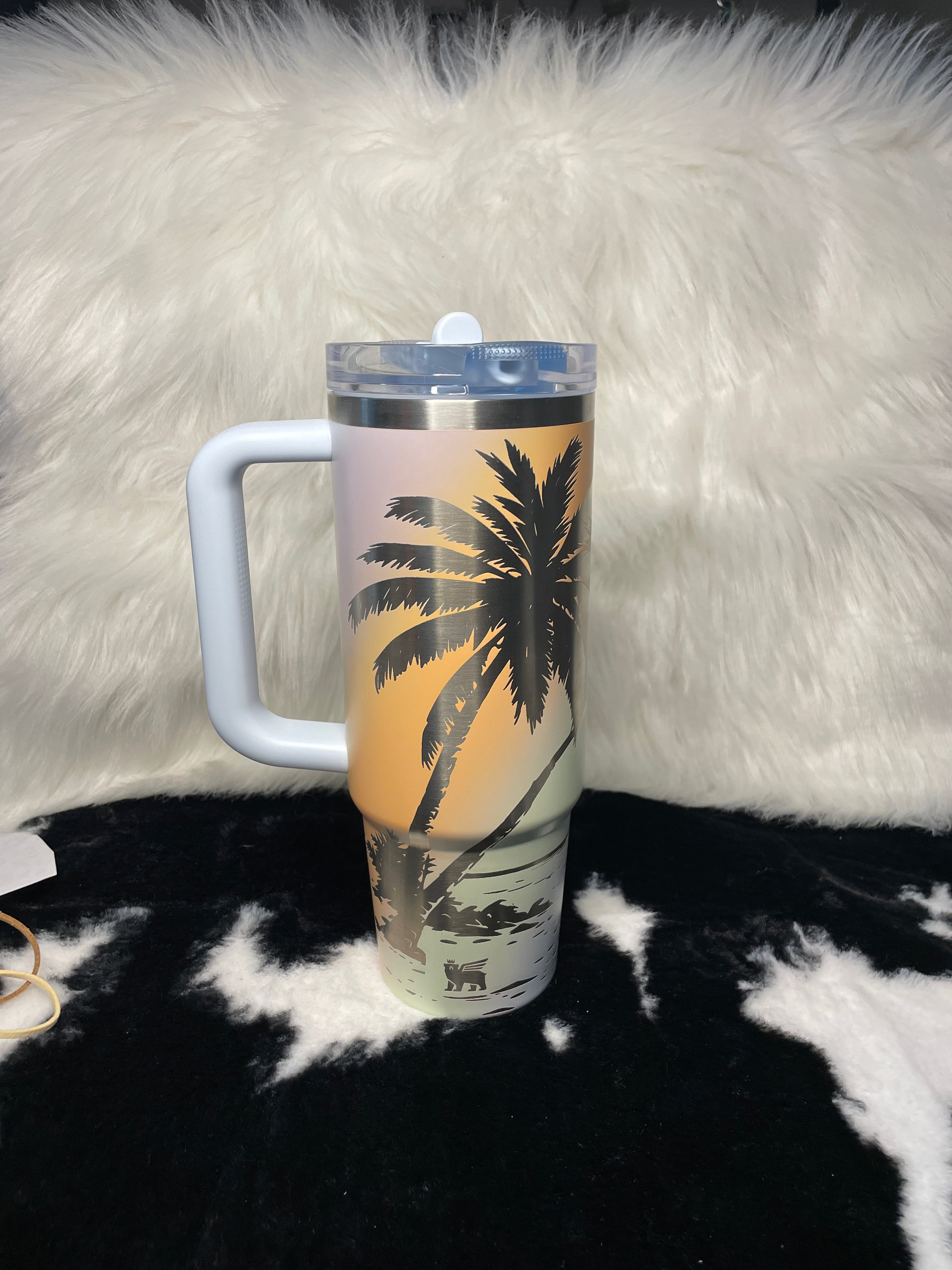 Engraved Tropical Palm Tree Stanley Quencher 30oz | Beach Sunset Tumbler | Custom Laser Engraved Travel Mug | Island Gift