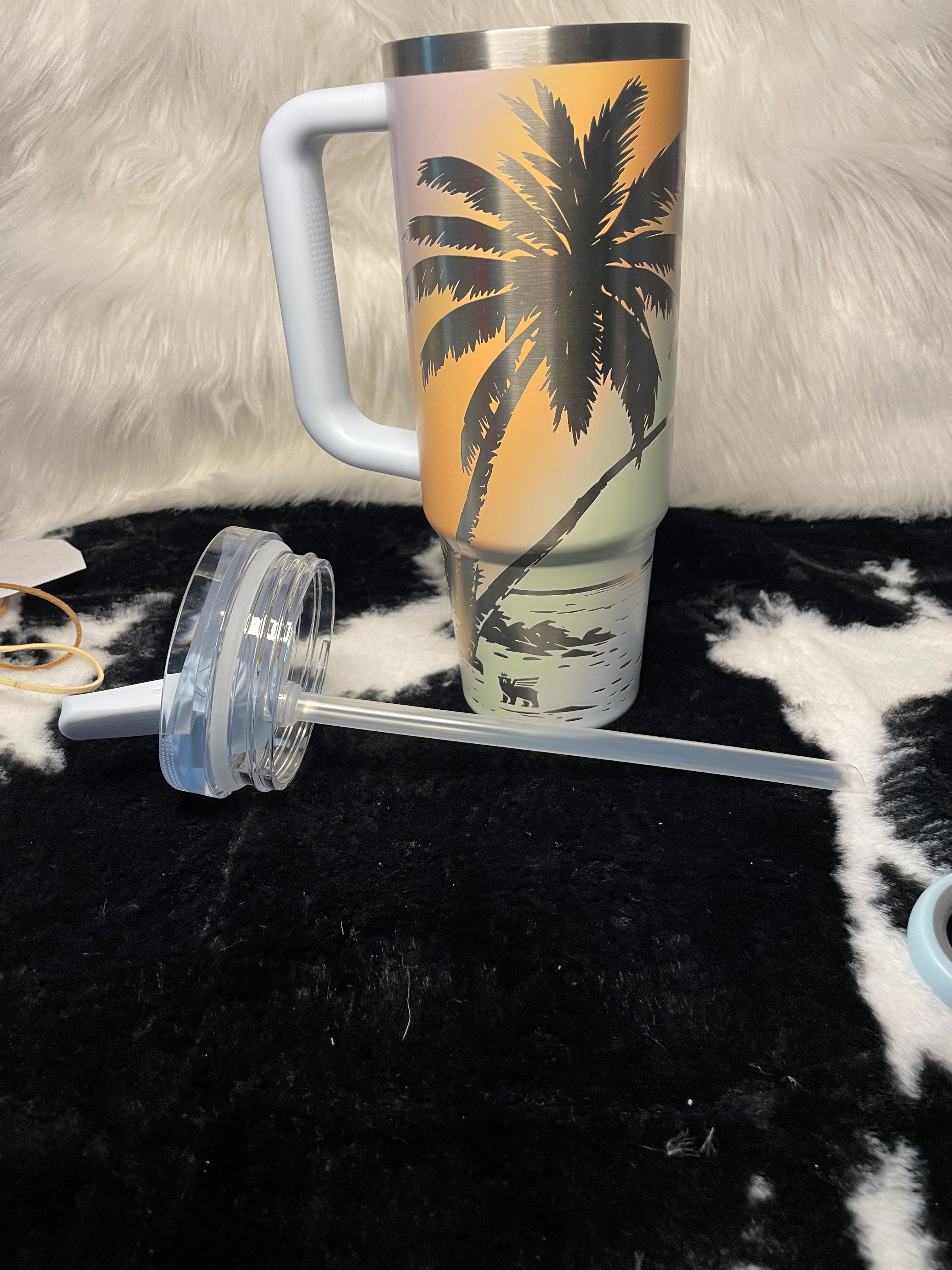 Engraved Tropical Palm Tree Stanley Quencher 30oz | Beach Sunset Tumbler | Custom Laser Engraved Travel Mug | Island Gift