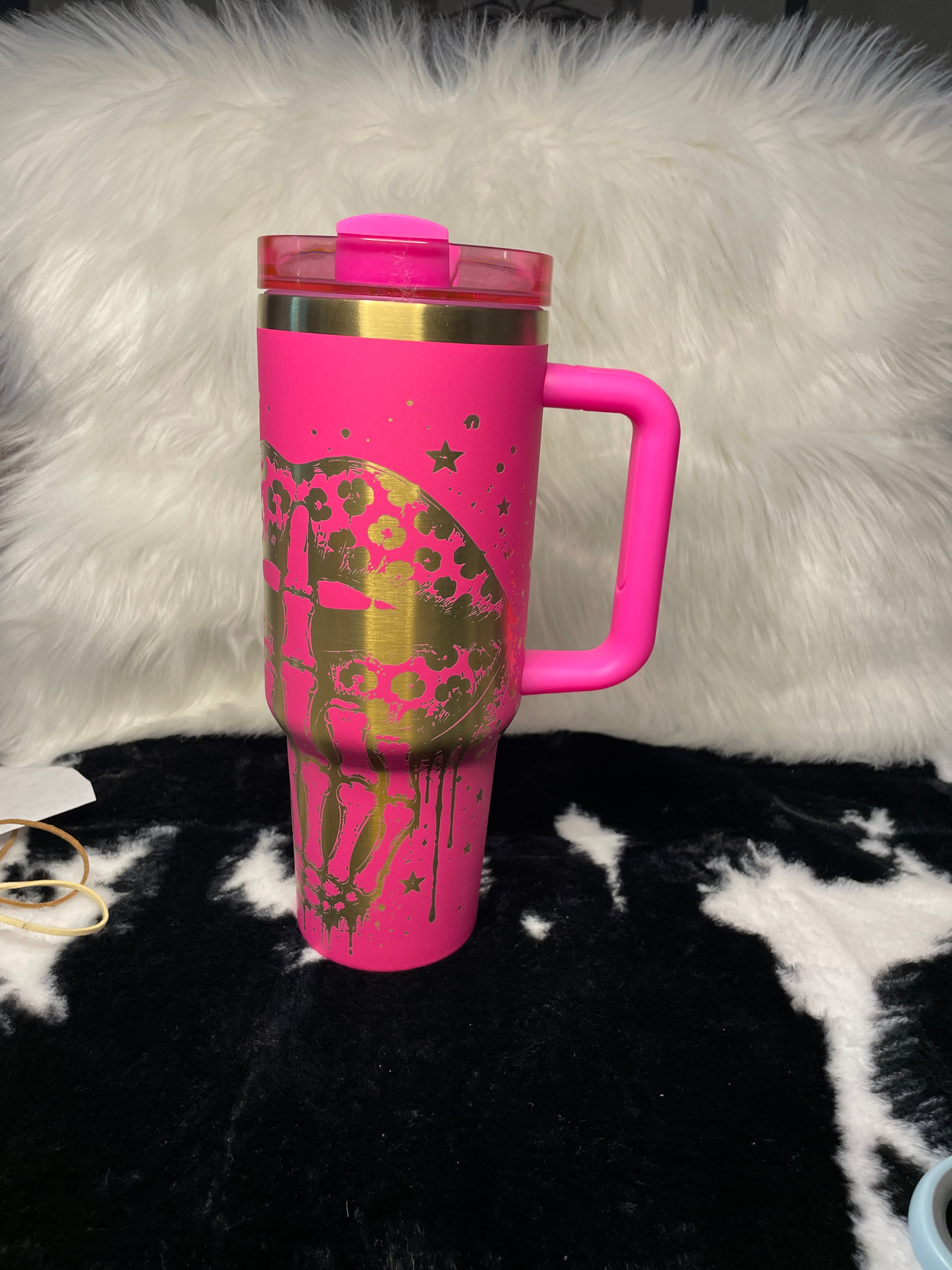 Badass Mom Vibes 40oz Engraved Tumbler with Handle | Hot Pink Laser Engraved Leopard Lips Cup | Mother's Day Gift