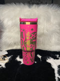 Badass Mom Vibes 40oz Engraved Tumbler with Handle | Hot Pink Laser Engraved Leopard Lips Cup | Mother's Day Gift
