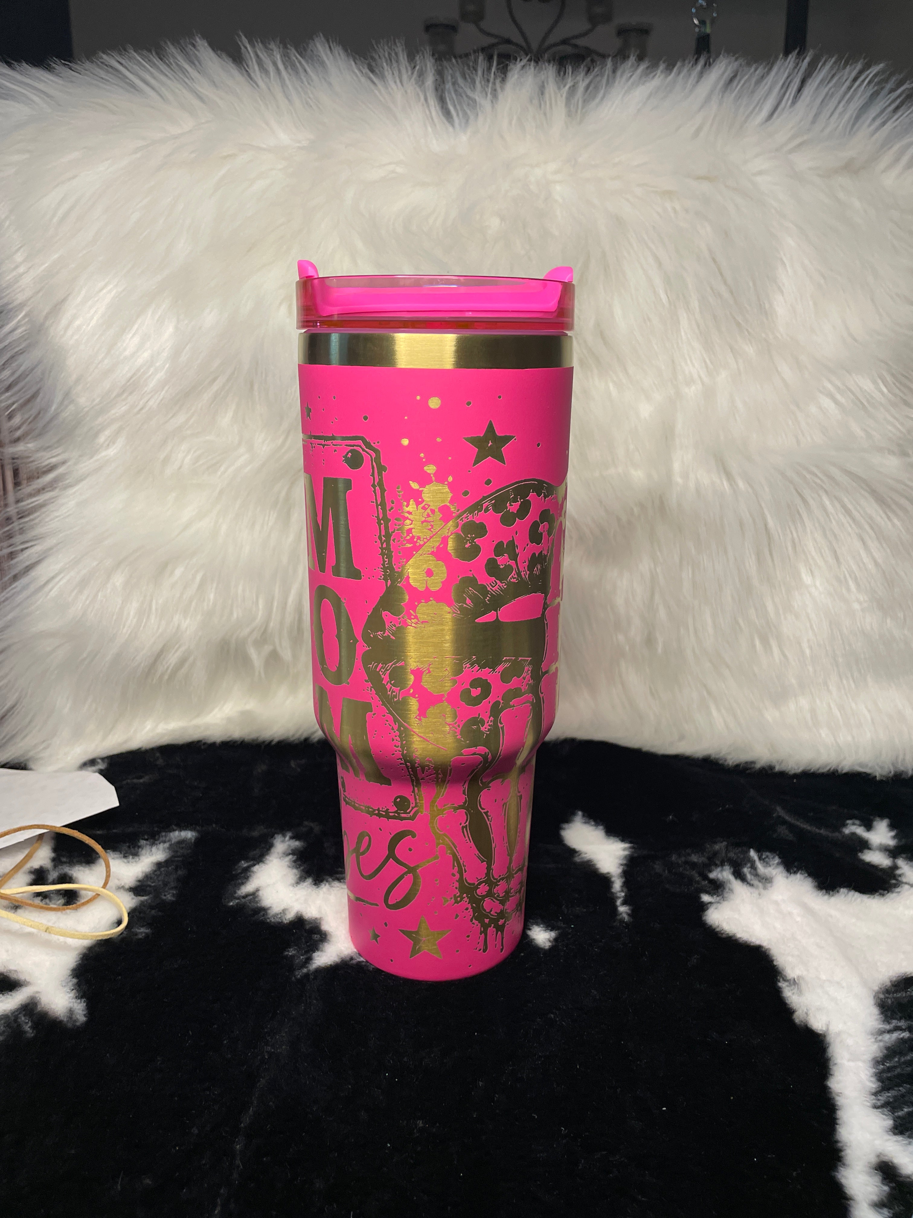Badass Mom Vibes 40oz Engraved Tumbler with Handle | Hot Pink Laser Engraved Leopard Lips Cup | Mother's Day Gift