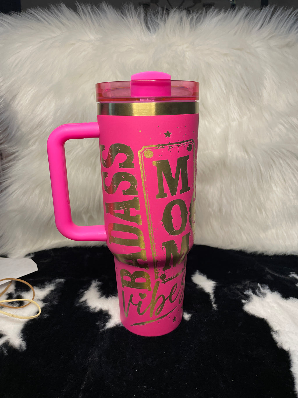 Badass Mom Vibes 40oz Engraved Tumbler with Handle | Hot Pink Laser Engraved Leopard Lips Cup | Mother's Day Gift