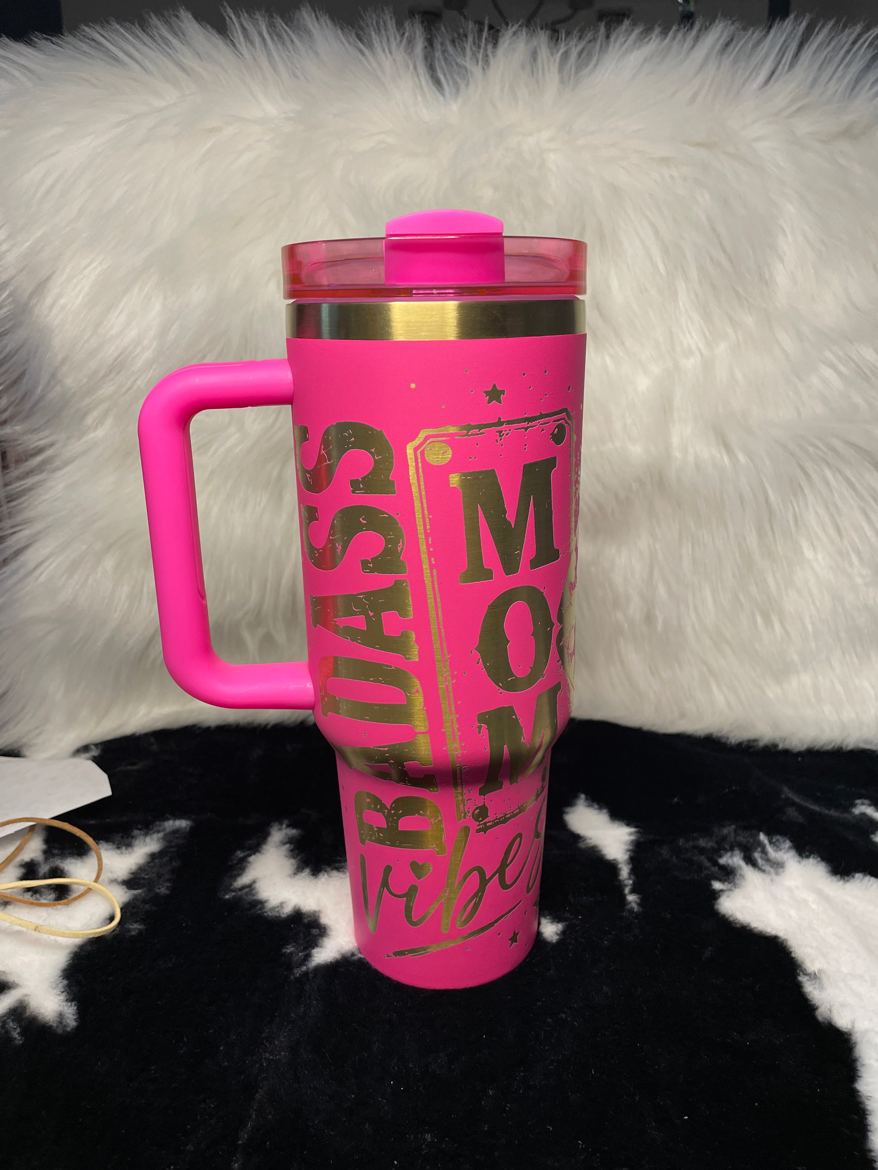 Badass Mom Vibes 40oz Engraved Tumbler with Handle | Hot Pink Laser Engraved Leopard Lips Cup | Mother's Day Gift
