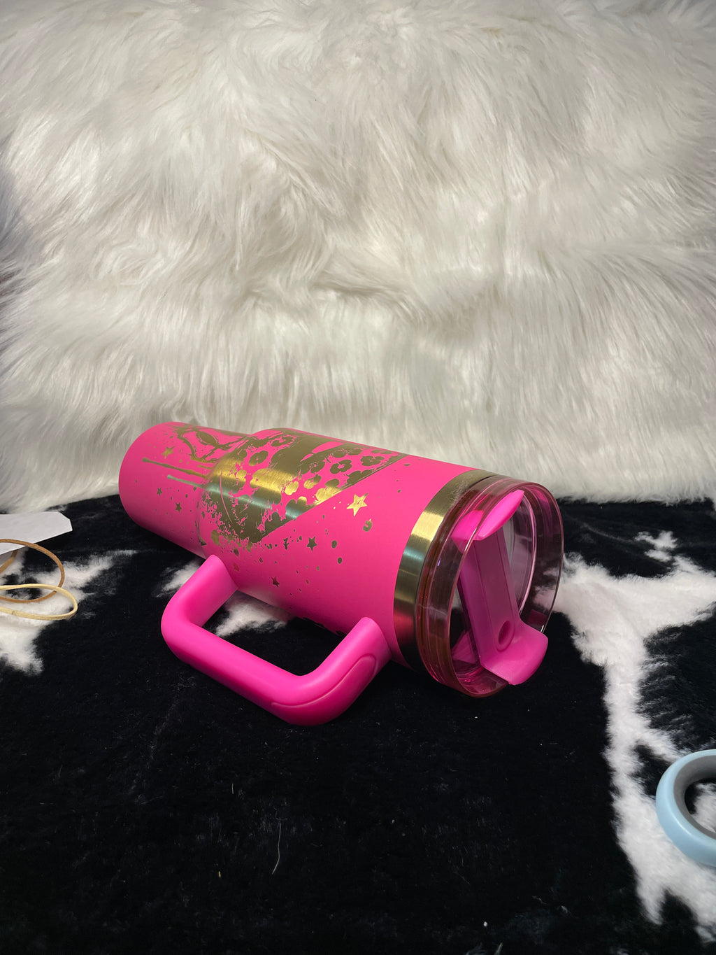 Badass Mom Vibes 40oz Engraved Tumbler with Handle | Hot Pink Laser Engraved Leopard Lips Cup | Mother's Day Gift