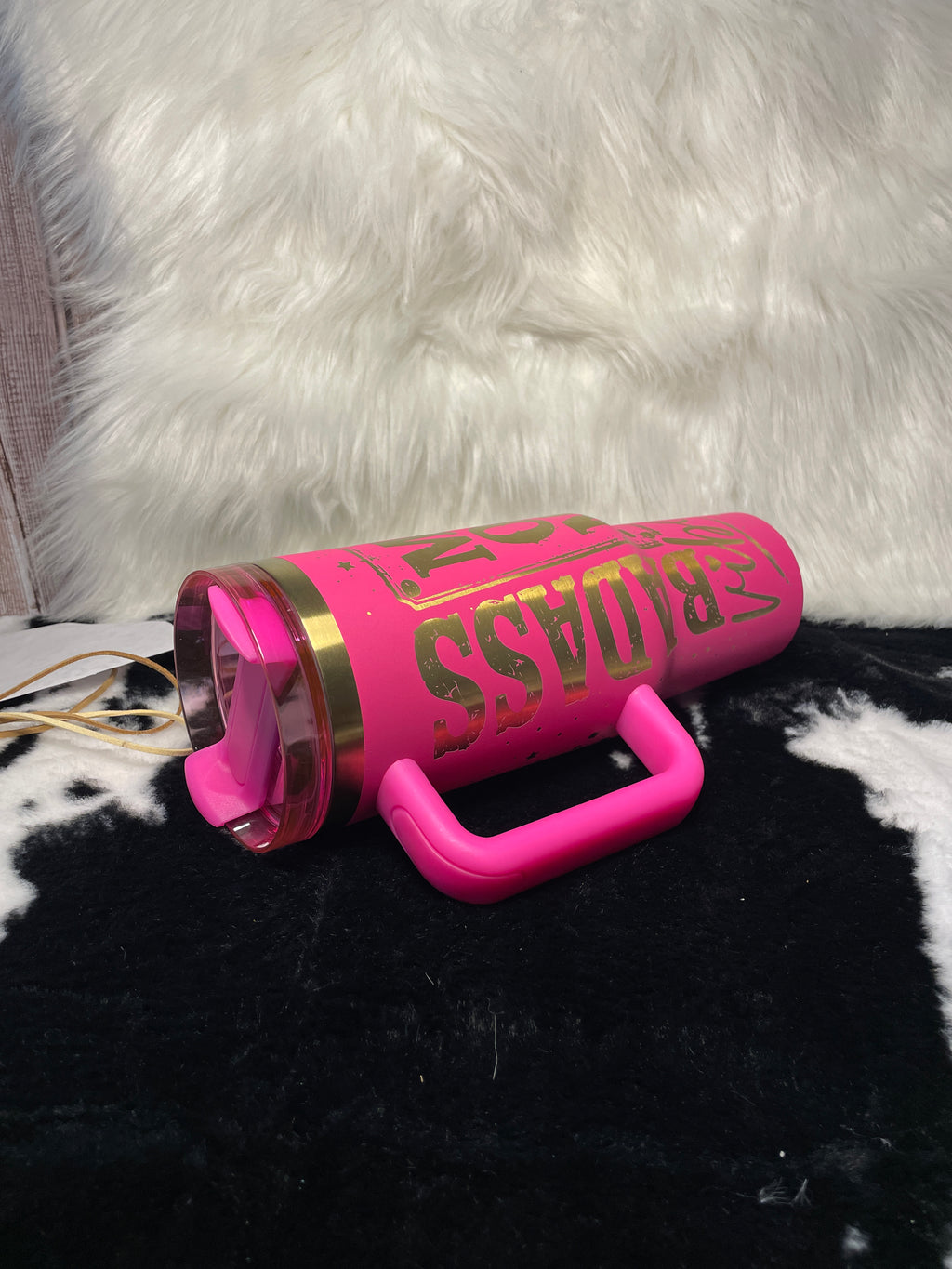 Badass Mom Vibes 40oz Engraved Tumbler with Handle | Hot Pink Laser Engraved Leopard Lips Cup | Mother's Day Gift