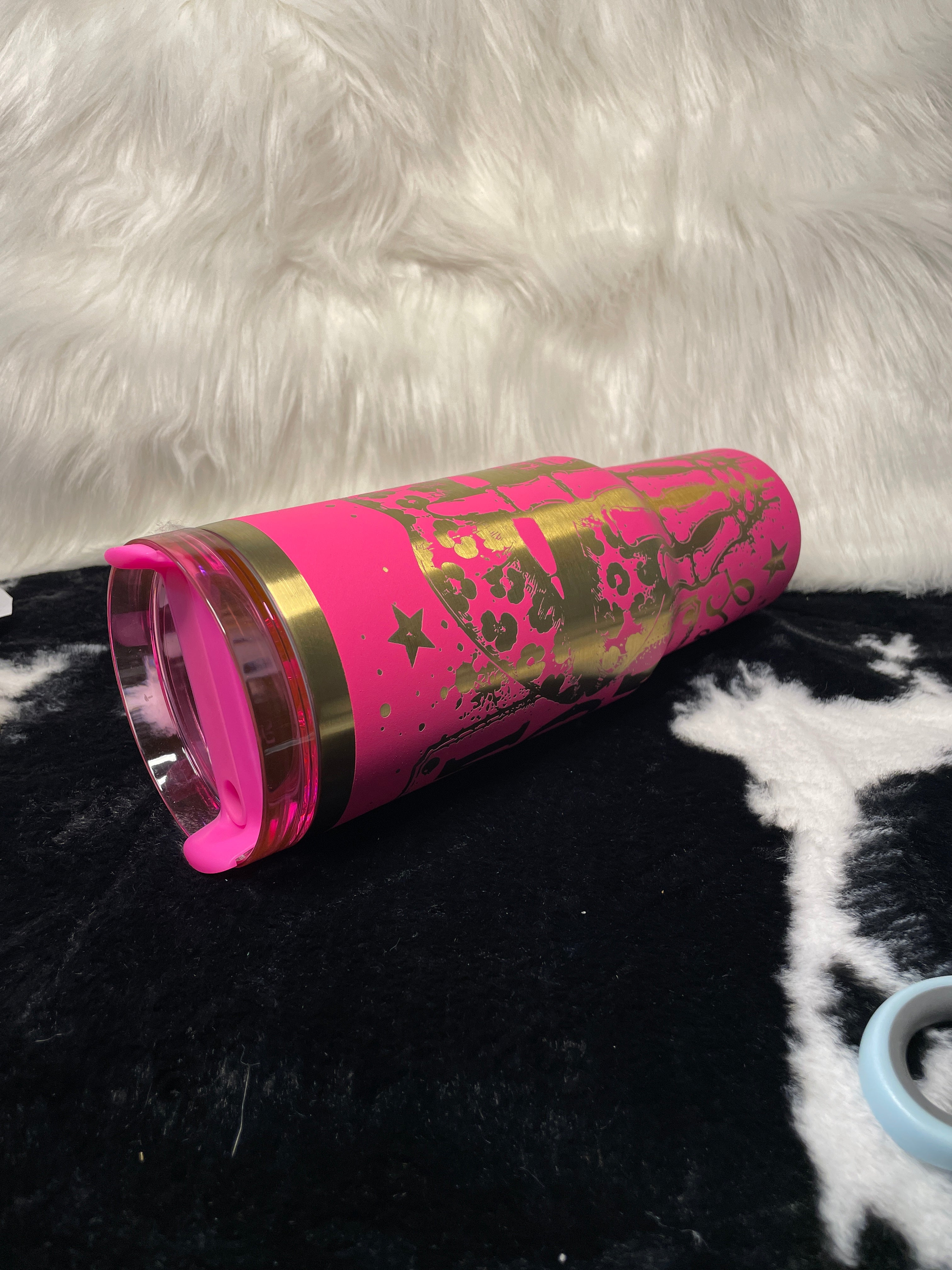 Badass Mom Vibes 40oz Engraved Tumbler with Handle | Hot Pink Laser Engraved Leopard Lips Cup | Mother's Day Gift