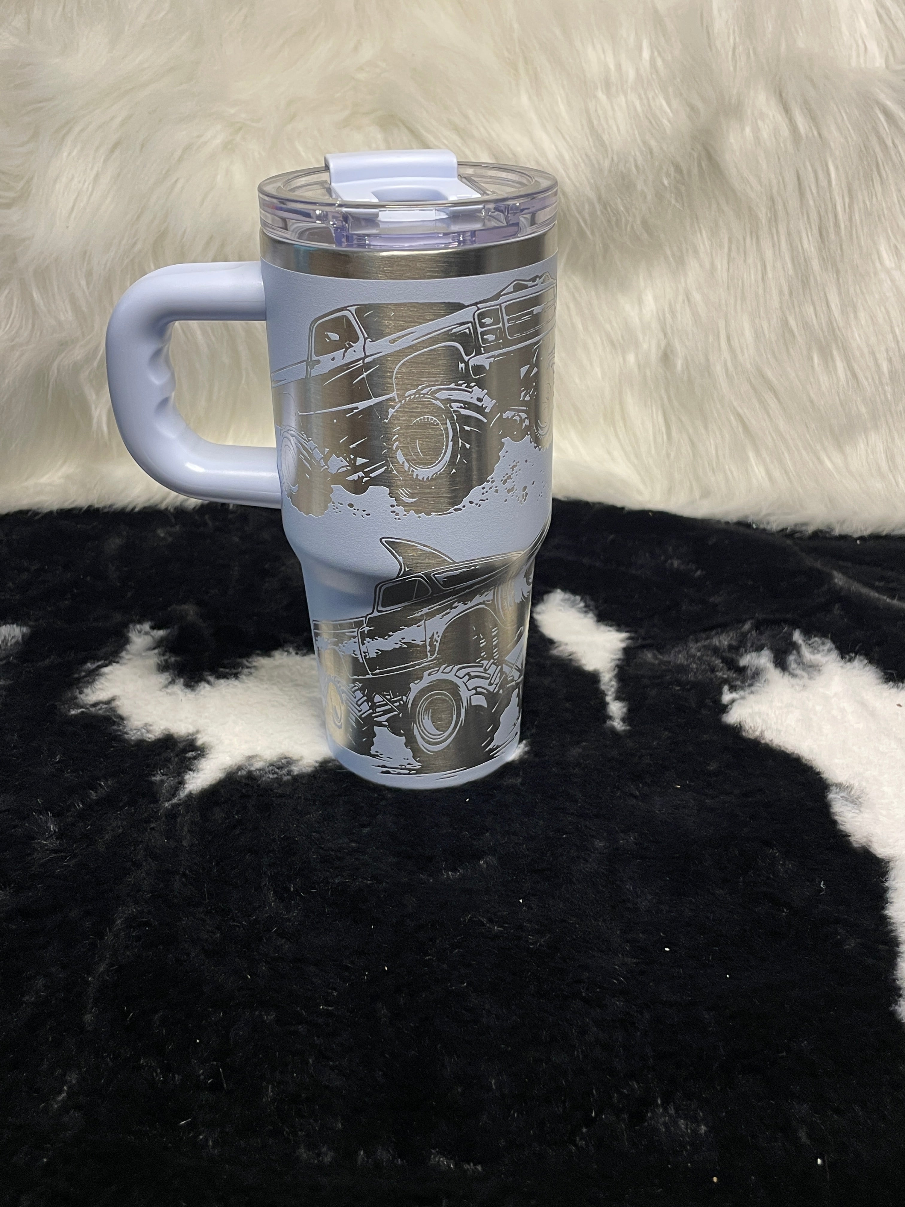 Monster Truck Shark Engraved 14oz Tumbler with Handle, Off Road Truck Cup, Laser Engraved Travel Mug, Gift for Truck Lovers