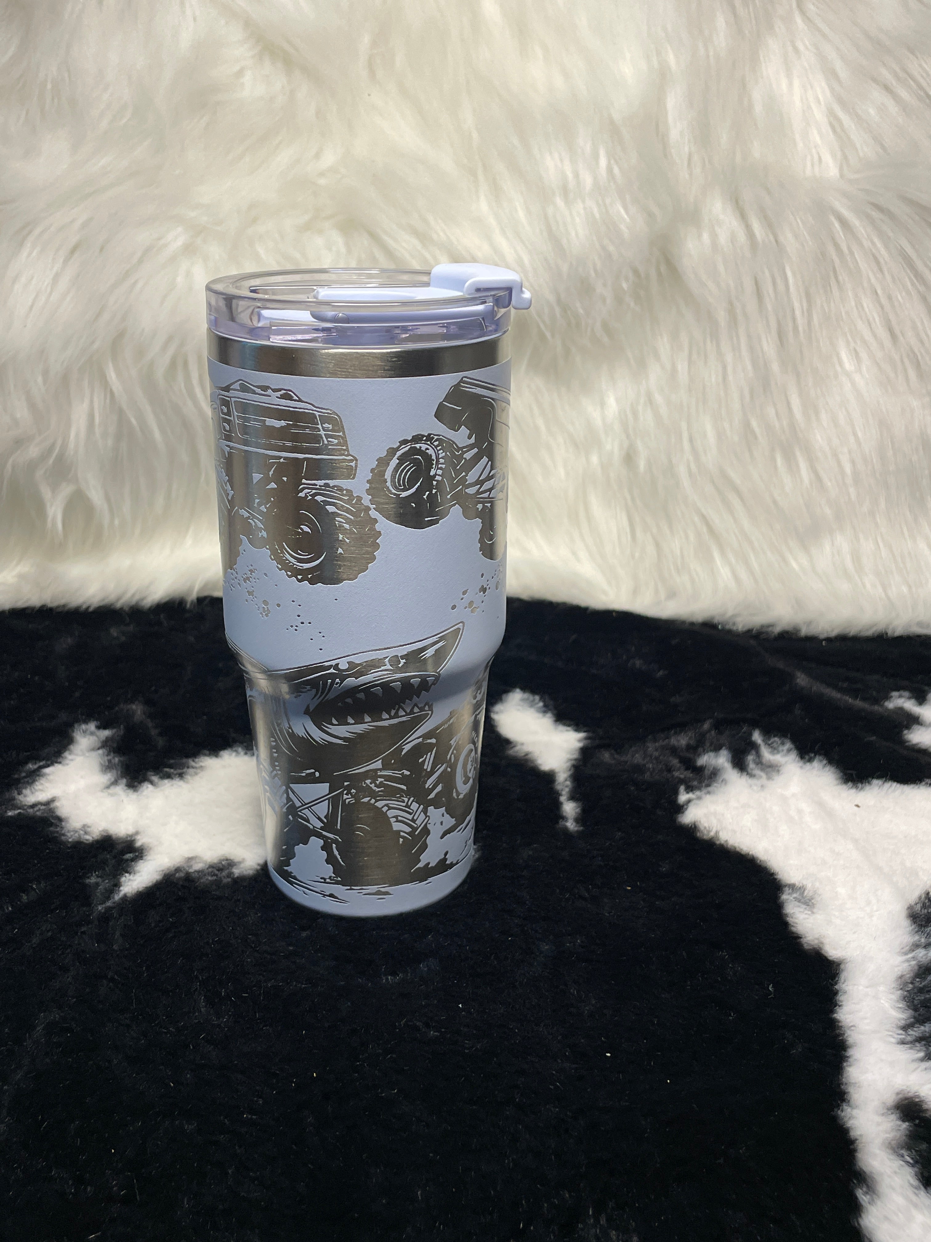 Monster Truck Shark Engraved 14oz Tumbler with Handle, Off Road Truck Cup, Laser Engraved Travel Mug, Gift for Truck Lovers