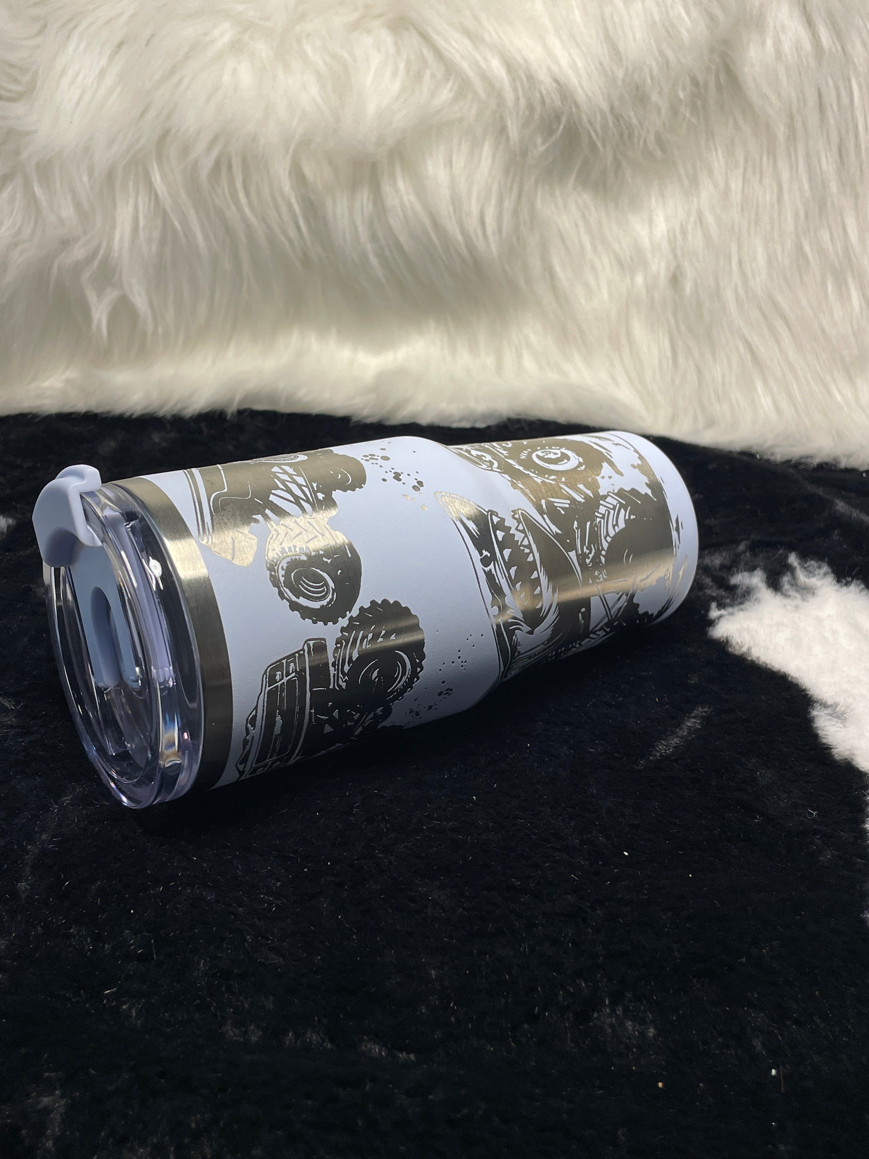 Monster Truck Shark Engraved 14oz Tumbler with Handle, Off Road Truck Cup, Laser Engraved Travel Mug, Gift for Truck Lovers