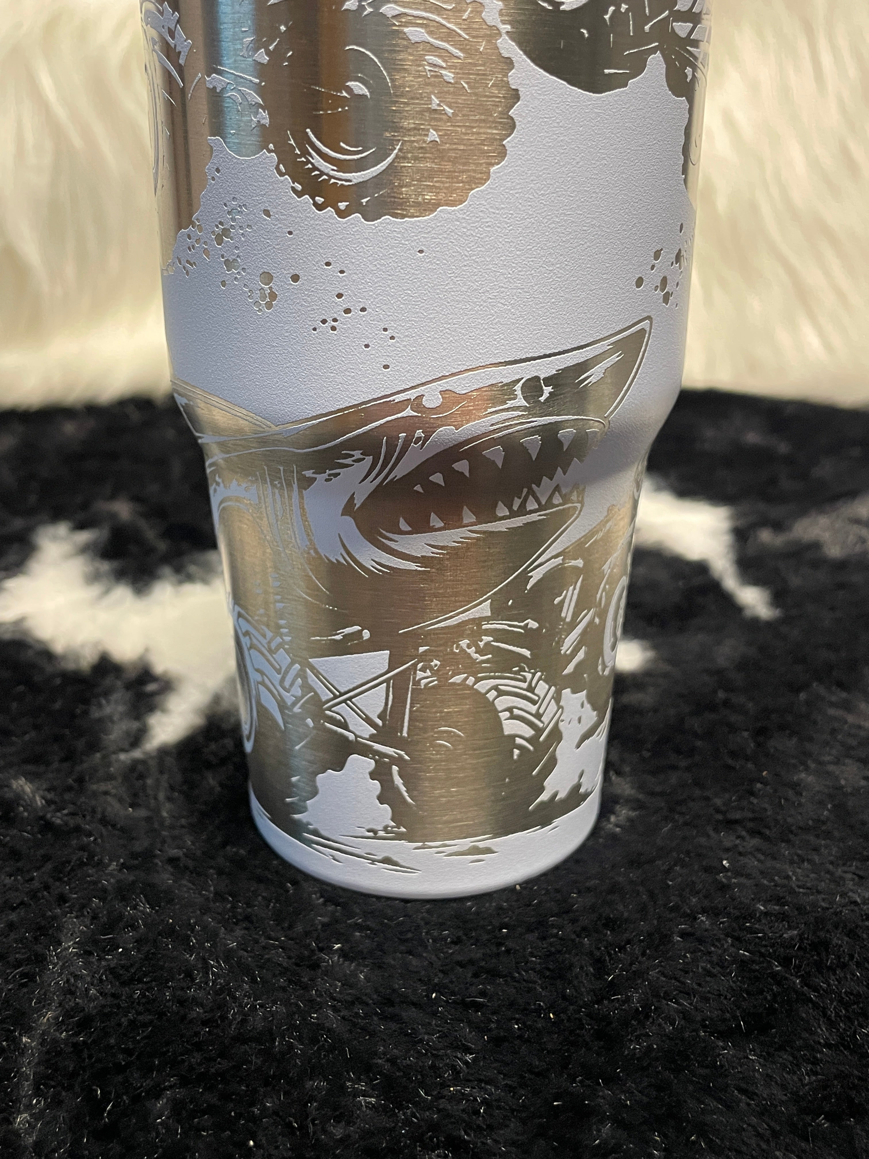 Monster Truck Shark Engraved 14oz Tumbler with Handle, Off Road Truck Cup, Laser Engraved Travel Mug, Gift for Truck Lovers