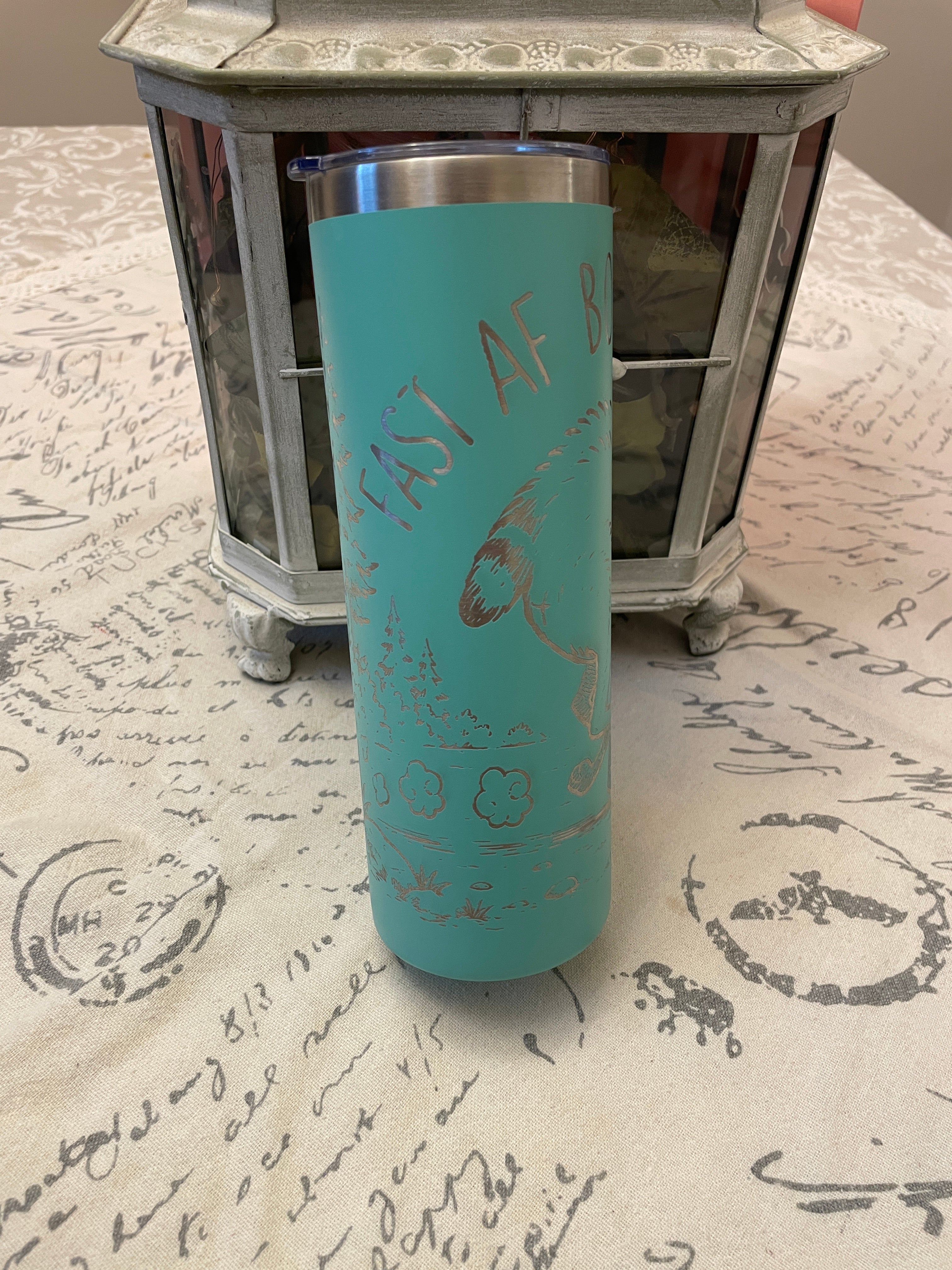 20 oz Funny Bear Tumbler – Fast AF Boiiii Engraved Teal Stainless Steel Cup – Woodland Bear Travel Tumbler – Outdoor Camping Gift