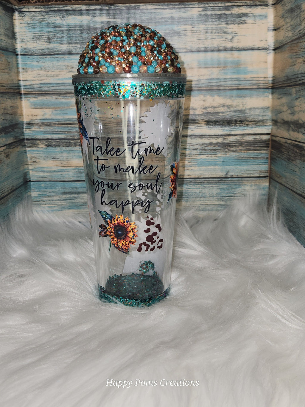 Acrylic Snow-Globe Tumbler - 22 oz, Teal sunflower, Blinged Dome, Comes with Straw.