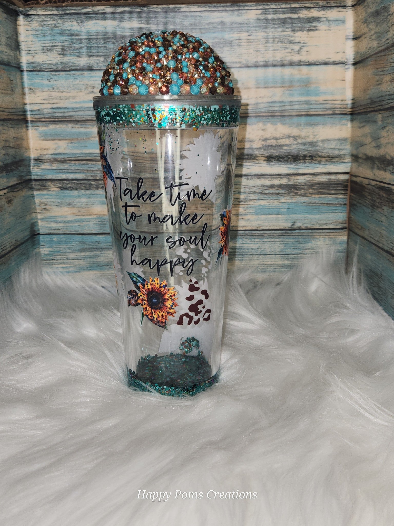 Acrylic Snow-Globe Tumbler - 22 oz, Teal sunflower, Blinged Dome, Comes with Straw.
