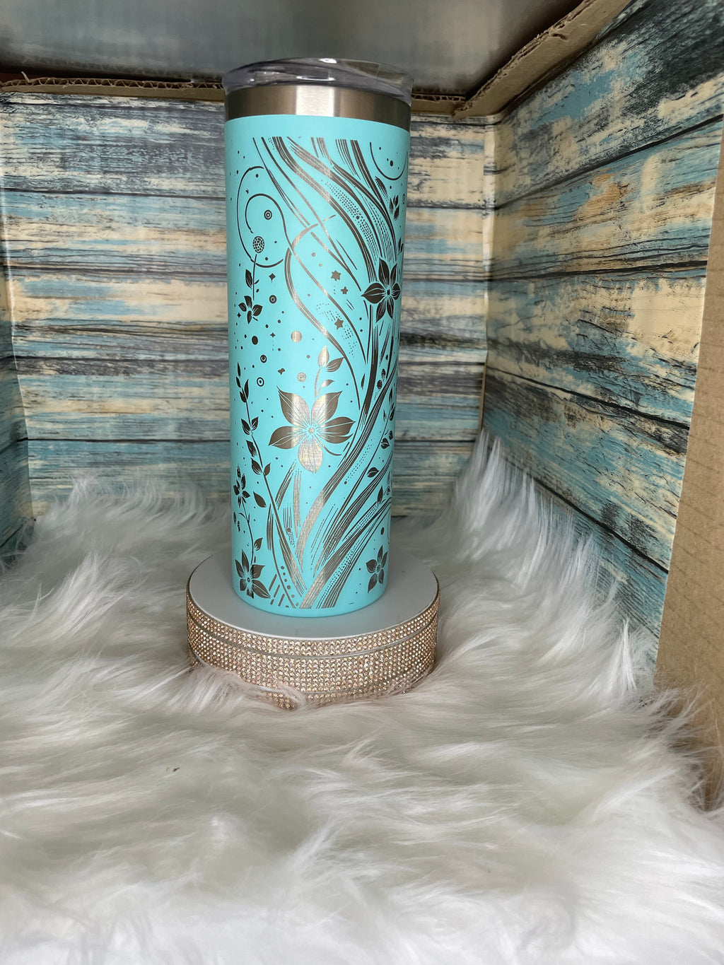 Stainless Steel Tumbler - 20 oz, Laser Engraved, Blue BOHO Flowers